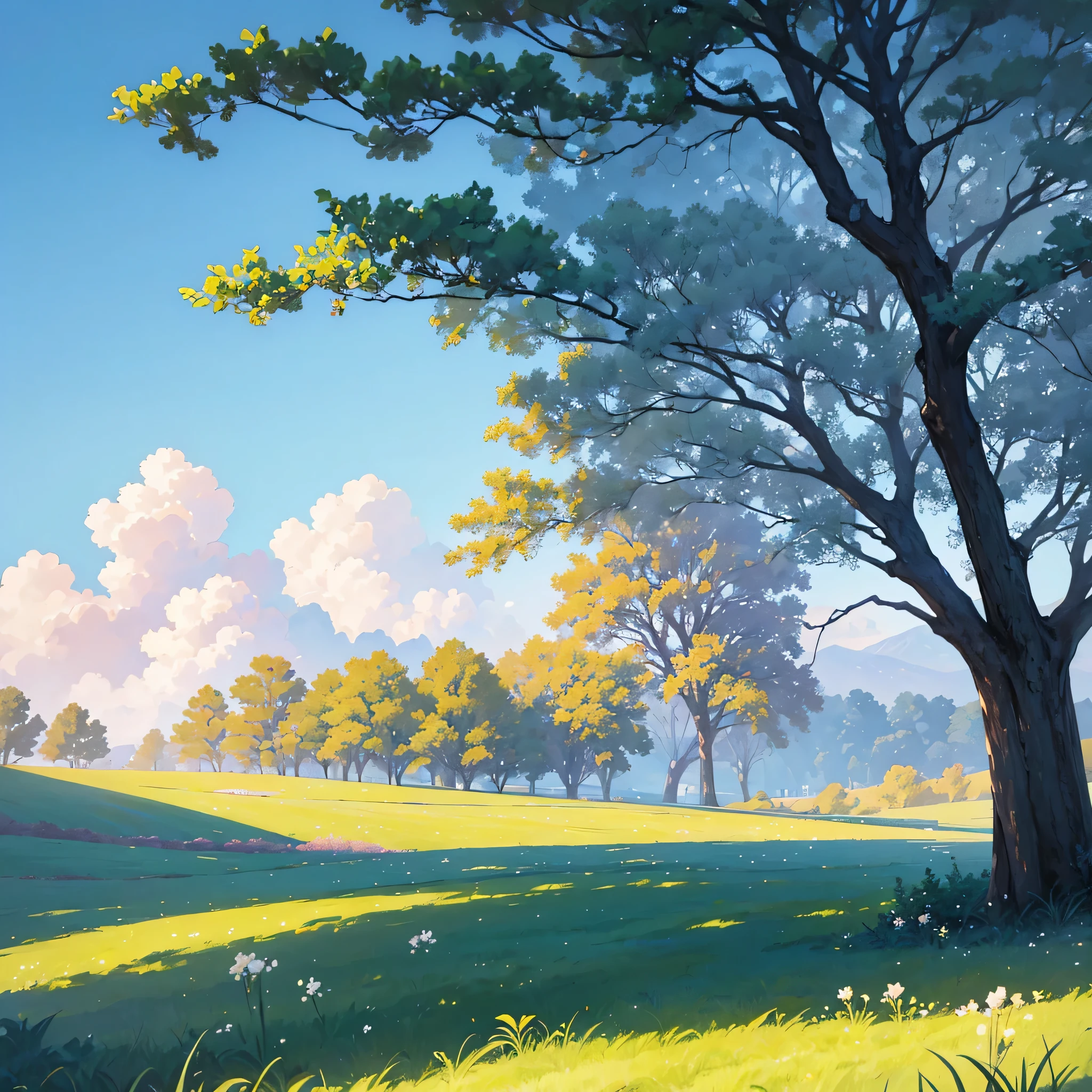 There is a tree in the foreground,It produces white flowers, anime backgrounds, Anime beautiful peaceful scene, Anime countryside landscape, Colorful anime movie background, Anime background art, Anime Nature, anime movie backgrounds, beautiful anime scenery, beautiful anime scenes, Anime landscape wallpaper, Anime nature wallpaper, Today’s recommended anime is still, daytime ethereal anime, Anime landscapes