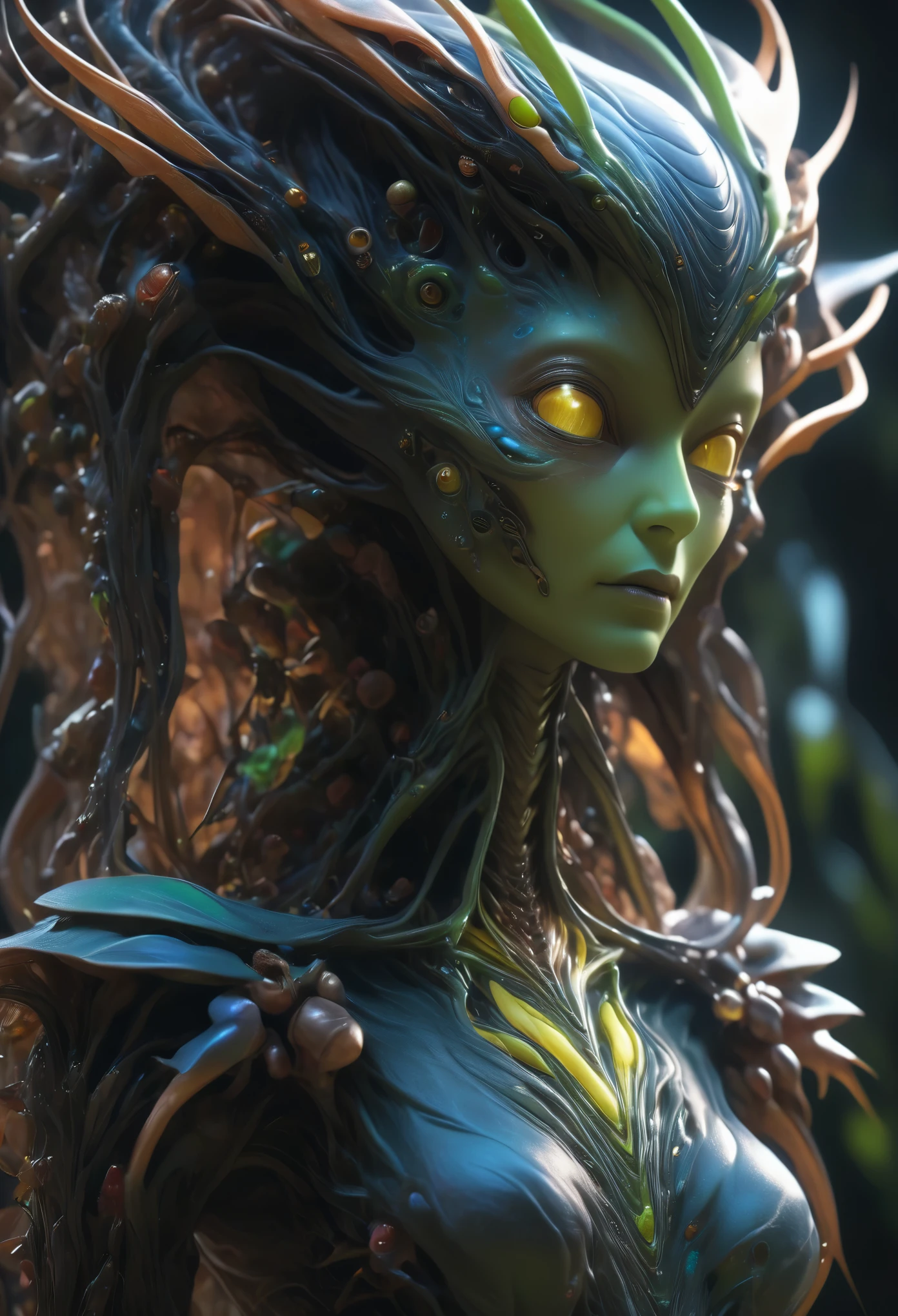 Insectoid girl, alien girl on her planet, alien body, bugs body, feelers, mandibles, 8k, UHD, masterpiece, hight resolution, delicate detail, realistic, highly detailed, perfect composition, beautiful, detailed, insanely detailed, octane render, trending on artstation, 8k artistic photography, photorealistic concept art, soft, natural, volumetric, cinematic, natural light, Mysterious