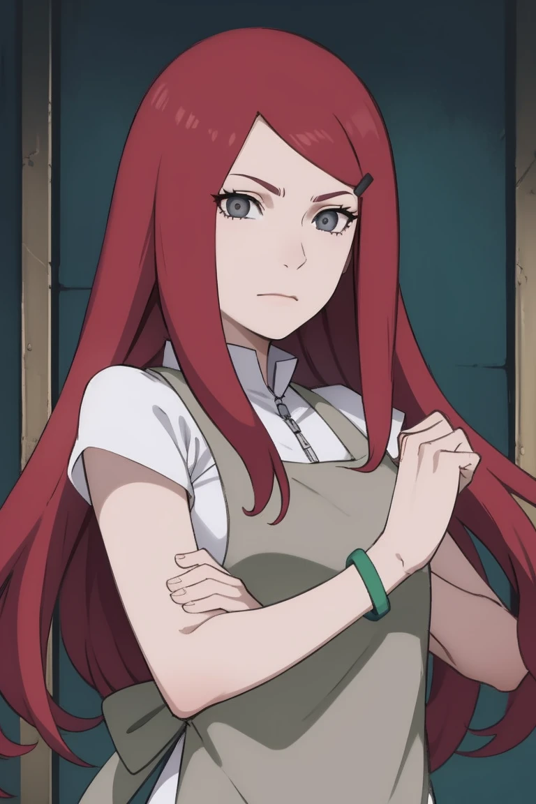 {-erro_de_anatomia:1.0} kushina, kushina, long hair, hair ornament, red hair, red head, hairclip, (grey eyes:1.5), BREAK shirt, dress, jewelry, white shirt, short sleeves, apron, bracelet, green apron, collar, BREAK looking at viewer, upper body, full body, cowboy shot, BREAK indoors, BREAK (masterpiece:1.2), best quality, high resolution, unity 8k wallpaper, (illustration:0.8), (beautiful detailed eyes:1.6), extremely detailed face, perfect lighting, extremely detailed CG, (perfect hands, perfect anatomy), fighting pose, clenched hands, closed hands, contracted fingers, arm stretched out, raised fist, about to punch, detailed fist, focus fist,