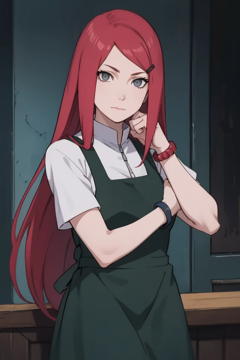 {-erro_de_anatomia:1.0} kushina, kushina, long hair, hair ornament, red hair, red head, hairclip, (grey eyes:1.5), BREAK shirt, dress, jewelry, white shirt, short sleeves, apron, bracelet, green apron, collar, BREAK looking at viewer, upper body, full body, cowboy shot, BREAK indoors, BREAK (masterpiece:1.2), best quality, high resolution, unity 8k wallpaper, (illustration:0.8), (beautiful detailed eyes:1.6), extremely detailed face, perfect lighting, extremely detailed CG, (perfect hands, perfect anatomy), fighting pose, clenched hands, closed hands, contracted fingers, arm stretched out, raised fist, about to punch, detailed fist, focus fist,