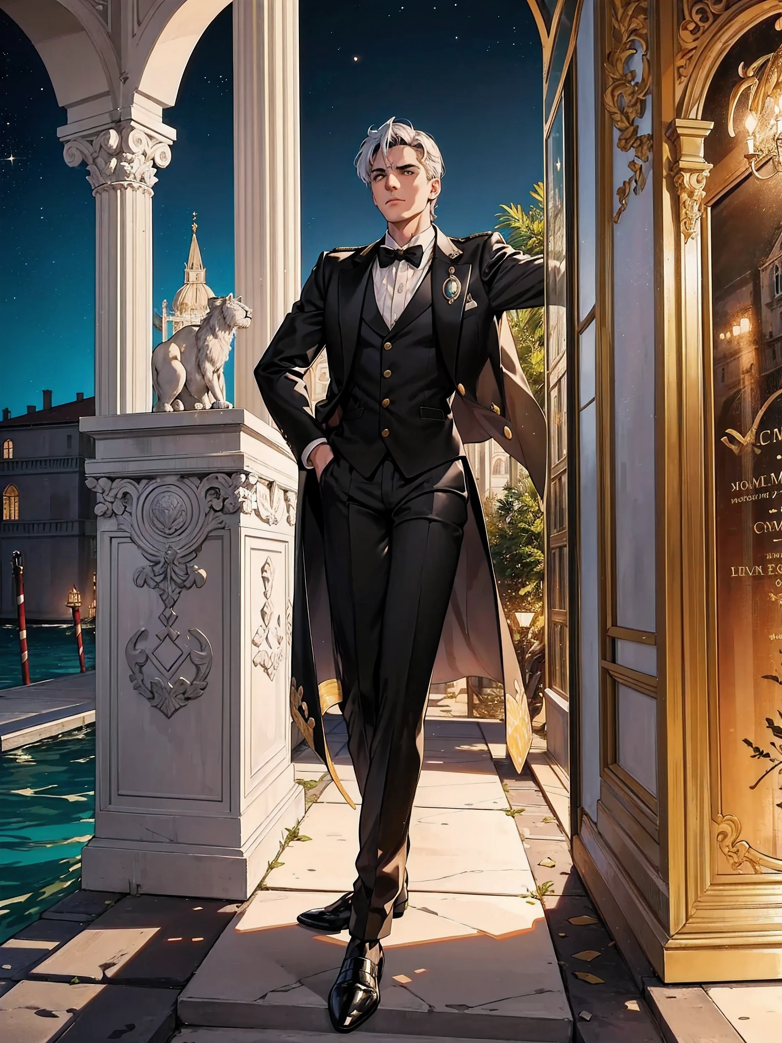 Reincarnation of Roman Emperor Constantine the Great, Independent man, 20th generation, hardworking and competent, skilled businessman, wearing a suit, honest, kind, Although mild-mannered、Ruthless if necessary, lion eyes, bright and sharp eyes, Night view of Venice, contemporary, Elegant and luxurious, Hyper image quality, super beautiful, Detailed and exquisite,