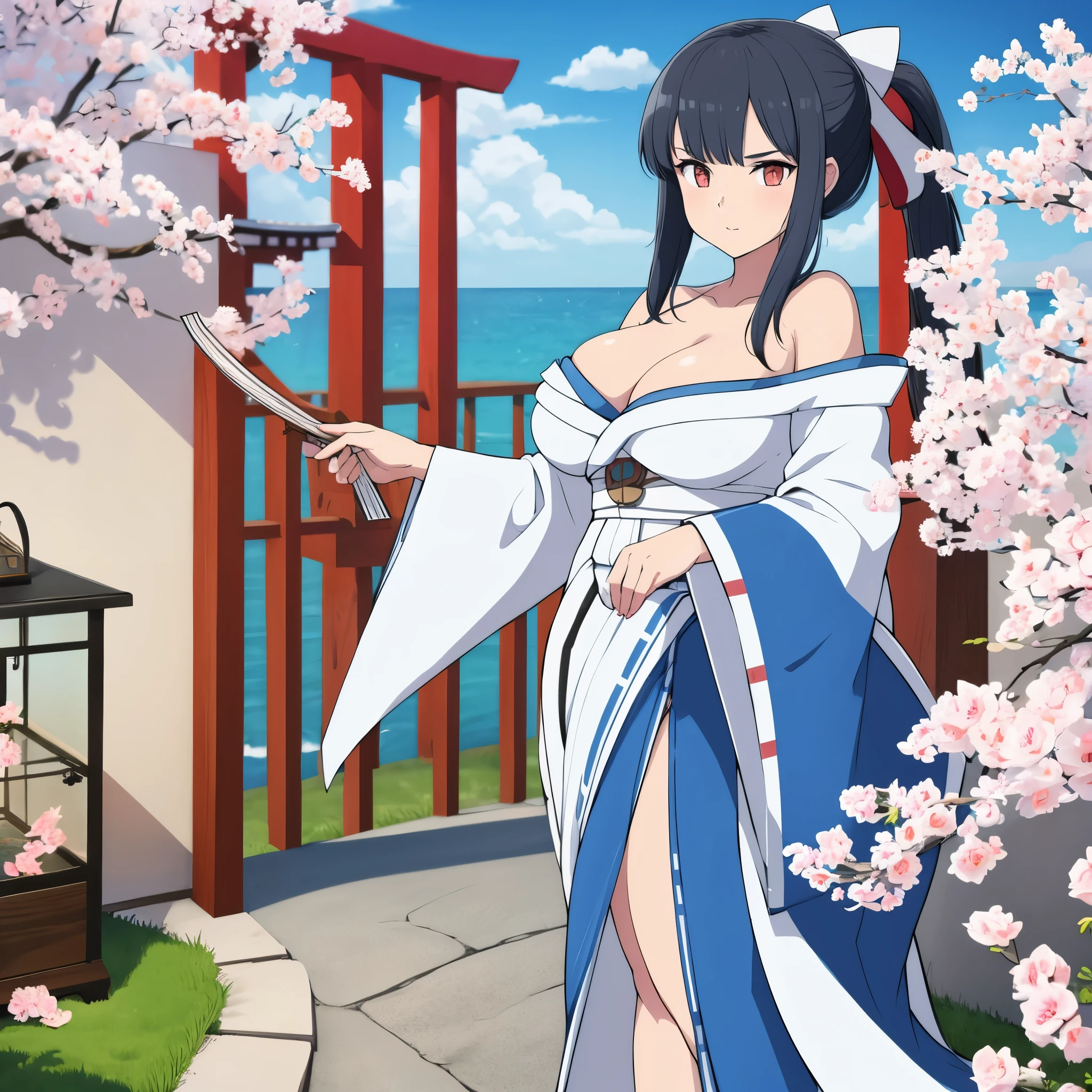 a girl with black hair, red eyes, wearing blue kimono, holding a fan, with ice power, outside a Japanese house.
