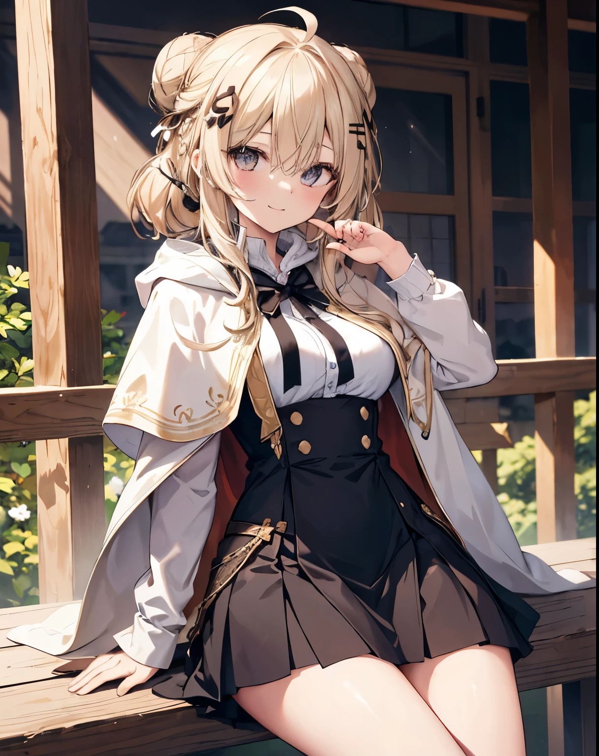 masterpiece,1girl, sparrow, a light blonde haired girl, wearing a priestess uniform, curly long hair, messy hair, black skirt, slim body, wearing brown capelet with white hoody, medium breasts, she close her left eye, shirt ornament, lolippai, calm expression, beautiful breasts, rounded breasts, crimson eyes, dress, miniskirt, sit at forest, ahoge, she wearing her hoody, smile, hair bun