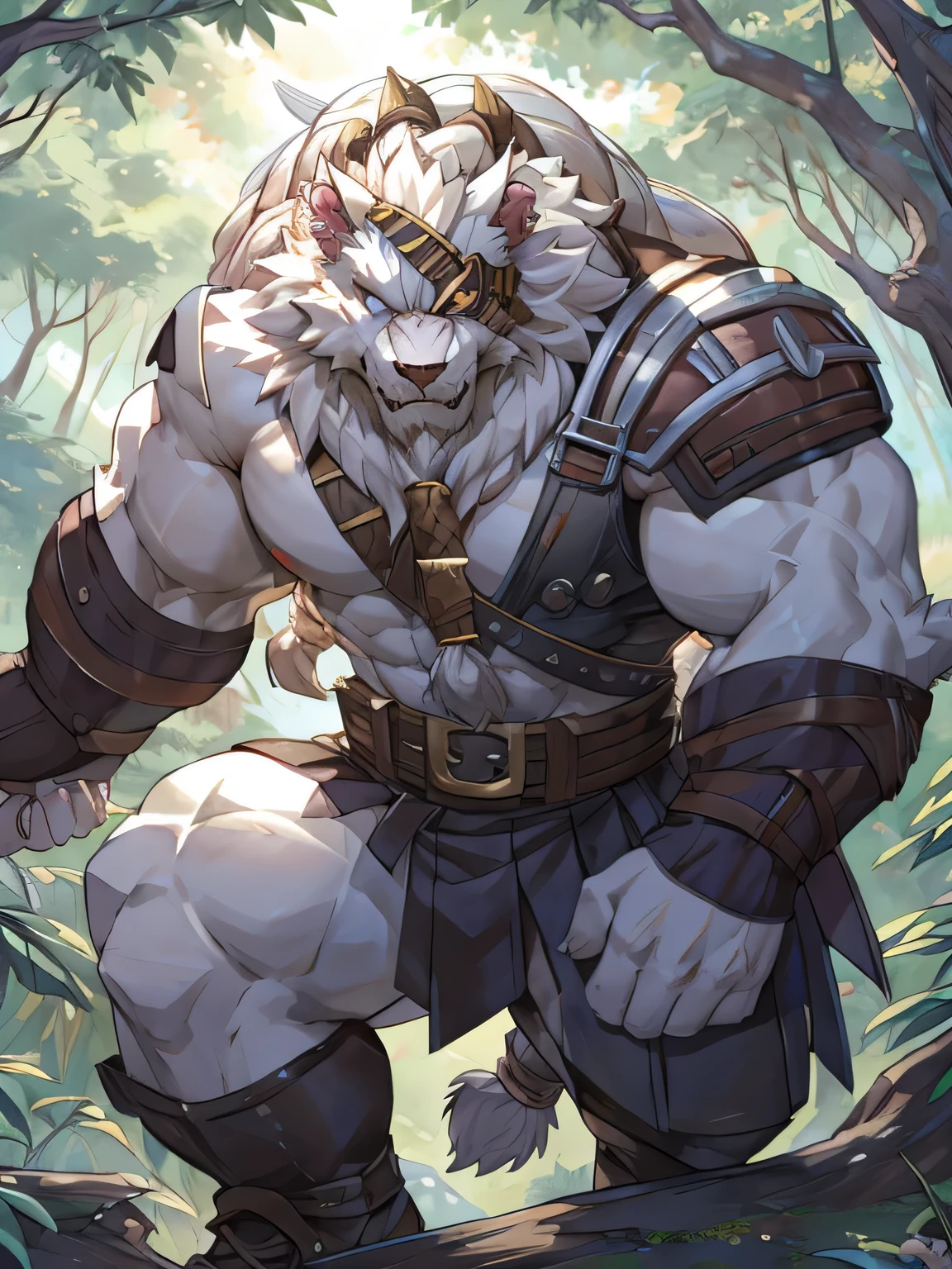 Muscular body strong naked upper body Rengar poodle with eyepatch on one eye in forest