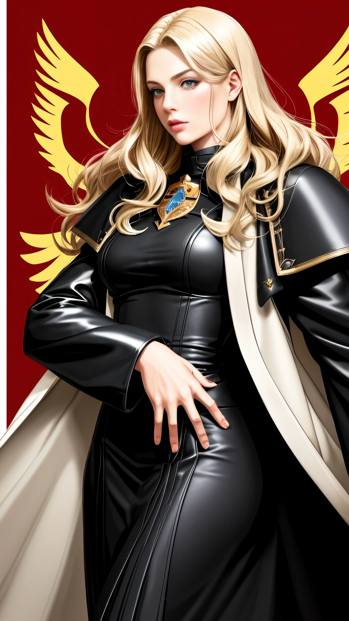 Realistic Red Sotheby Girl Photo,35 year old beautiful woman,long side waves,delicate blonde hair,cool look,background is gray,Coat of arms of the Principality of Zeon,