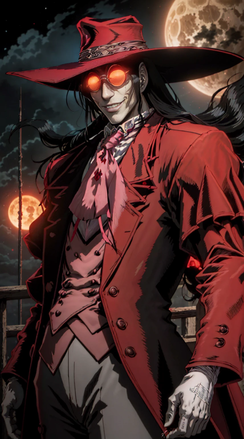 Hellsing, personagem Alucard, (man) Standing character,  sobretudo vermelho, olhos vermelhos, paisagem de noite, lua vermelha de fundo, black hair