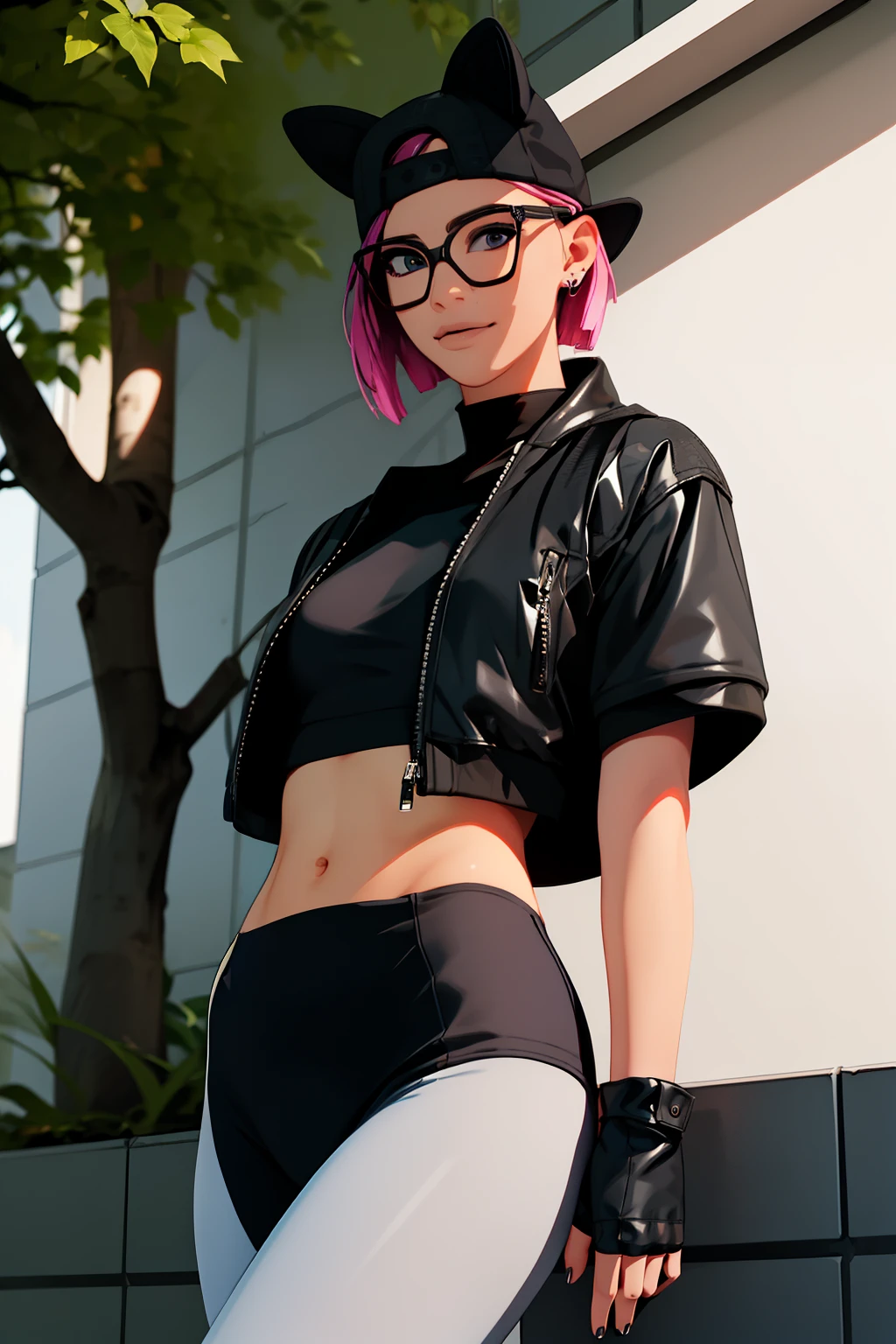 1 girl, (masterpiece), (best quality), standing, (solo), looking at viewer, high detailed,extremely detailed, fine eyes, smile,dynamic pose, short pink hair,cap,crop top, jacket,fingerless glove,curvy,forest,glasses,(gray leggings),(portrait:1.2),