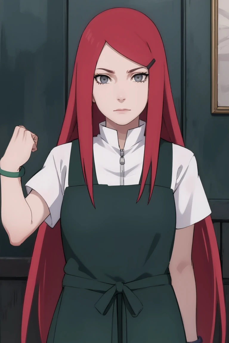 {-erro_de_anatomia:1.0} kushina, kushina, long hair, hair ornament, red hair, red head, hairclip, (grey eyes:1.5), BREAK shirt, dress, jewelry, white shirt, short sleeves, apron, bracelet, green apron, collar, BREAK looking at viewer, upper body, full body, cowboy shot, BREAK indoors, BREAK (masterpiece:1.2), best quality, high resolution, unity 8k wallpaper, (illustration:0.8), (beautiful detailed eyes:1.6), extremely detailed face, perfect lighting, extremely detailed CG, (perfect hands, perfect ),backwards, looking back