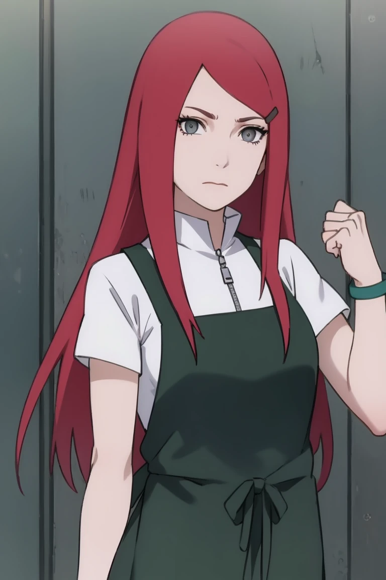 {-erro_de_anatomia:1.0} kushina, kushina, long hair, hair ornament, red hair, red head, hairclip, (grey eyes:1.5), BREAK shirt, dress, jewelry, white shirt, short sleeves, apron, bracelet, green apron, collar, BREAK looking at viewer, upper body, full body, cowboy shot, BREAK indoors, BREAK (masterpiece:1.2), best quality, high resolution, unity 8k wallpaper, (illustration:0.8), (beautiful detailed eyes:1.6), extremely detailed face, perfect lighting, extremely detailed CG, (perfect hands, perfect ),backwards, looking back