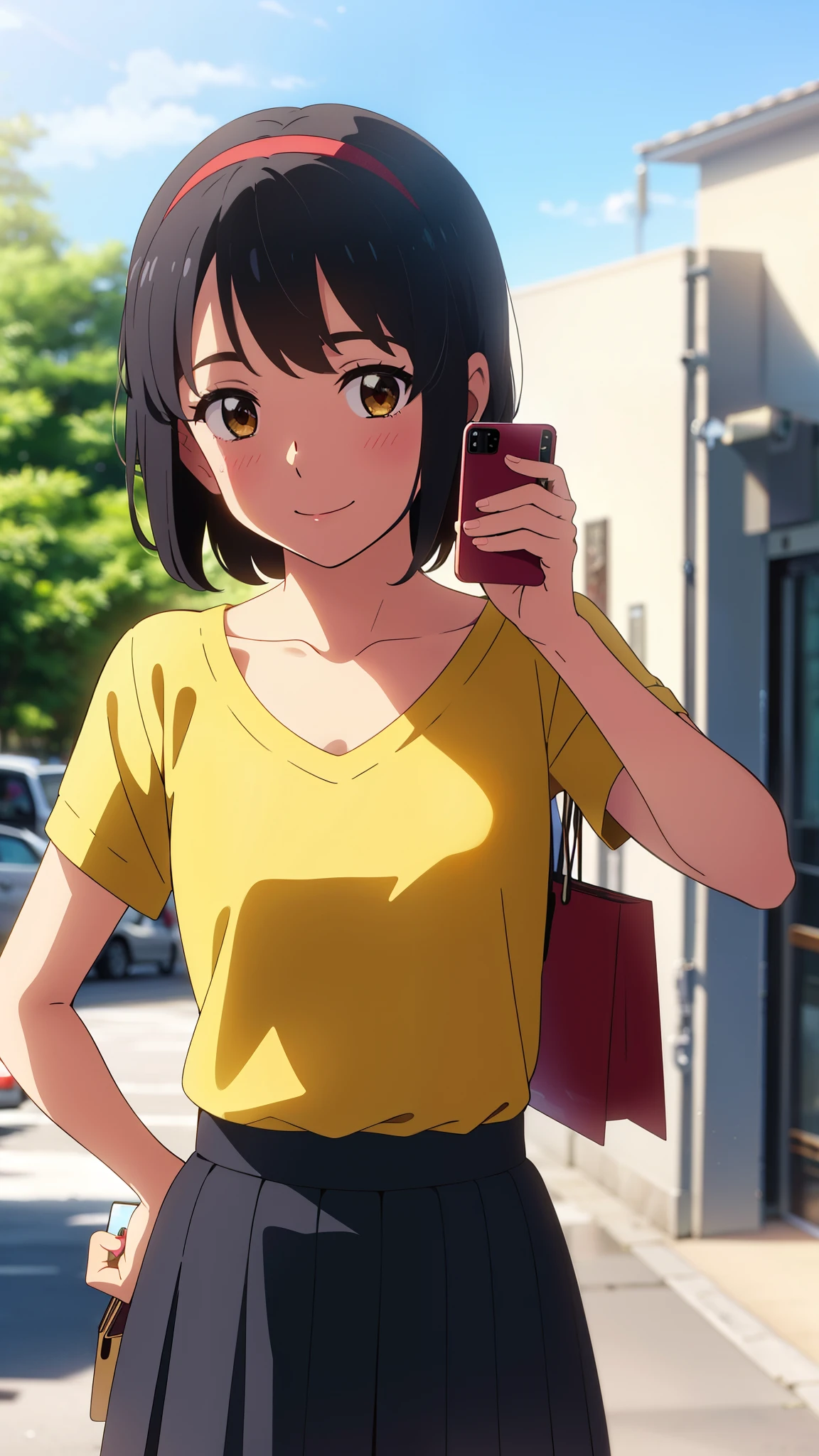 shinkai makoto, kimi no na wa., 1girl, bangs, black hair, blush, bright eyes, brown eyes, red headband, red bow, red ribbon, short hair, smile, cute, beautiful, shiny skin, looking at the viewer, solo, happy, collarbone, yellow shirt, short sleeves, skirt, pleated skirt, miniskirt, Holiday Afternoon, enjoying shopping, beautiful sky, iphone, hold the cell phone