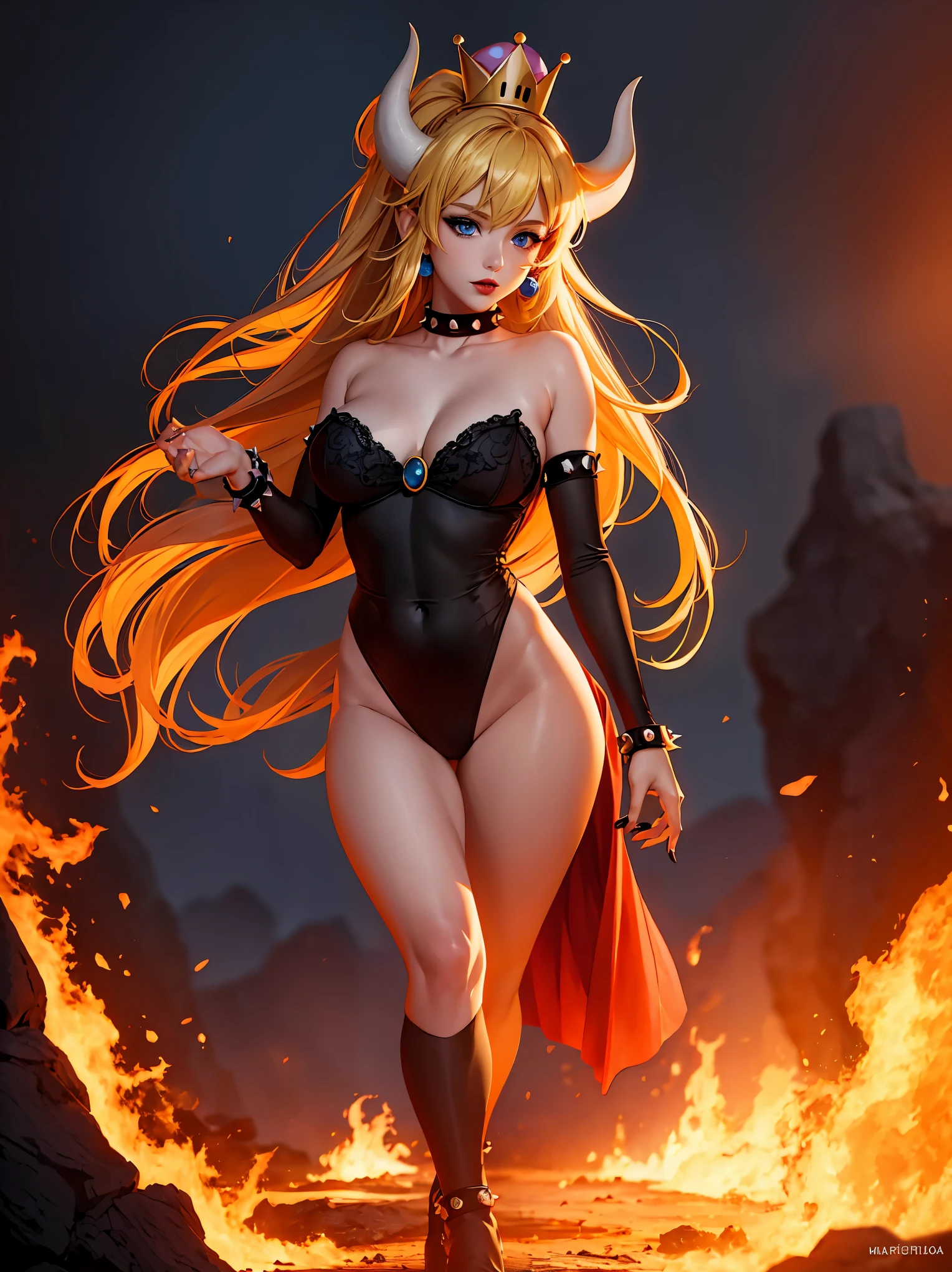 ((high detailed, best quality, 4k, masterpiece, hd:1.3)), ((best quality)), (((HD))), (((8k))), (ultraDH), (ultra HD), Princess Daisy, blue eyes, BREAK blue eyes, seductive, attractive, smooth anime cg art, 36C breasts, long legs, vivid colors, detailed digital art, slim body, perfect skin, dark blonde hair, long hair, blonde hair, blonde hair, BREAK crown, cleavage, 36C cleavage, looking at viewer, BREAK looking at viewer, extremely detailed face, red santa suit, red santa claus suit, santa claus suit, earrings, gem, dark black makeup lips, dark gothic eyeshadows, dark eyeshadows, black eyeshadows, black sexy lips, black lips, (dark:1.2), dark lips, very dark lips, (perfect hands, perfect anatomy), black makeup, black medium lips, black thick lips, detailed fingers, five fingers per hand, 5 fingers, (1 girl), detailed lips, detailed black lips, black painted lips, gothic painted lips, BREAK night, night sky, (breast focus), (arms outstreched:1.2), (from above:1.1), (breasts out:1.3), (off shoulder:1.1), (white horns), (lingerie), inside a lava castle, she inside a sea of lava, she bathing in lava, full body, perfect long legs, perfect foots, legs and foots into the lava,