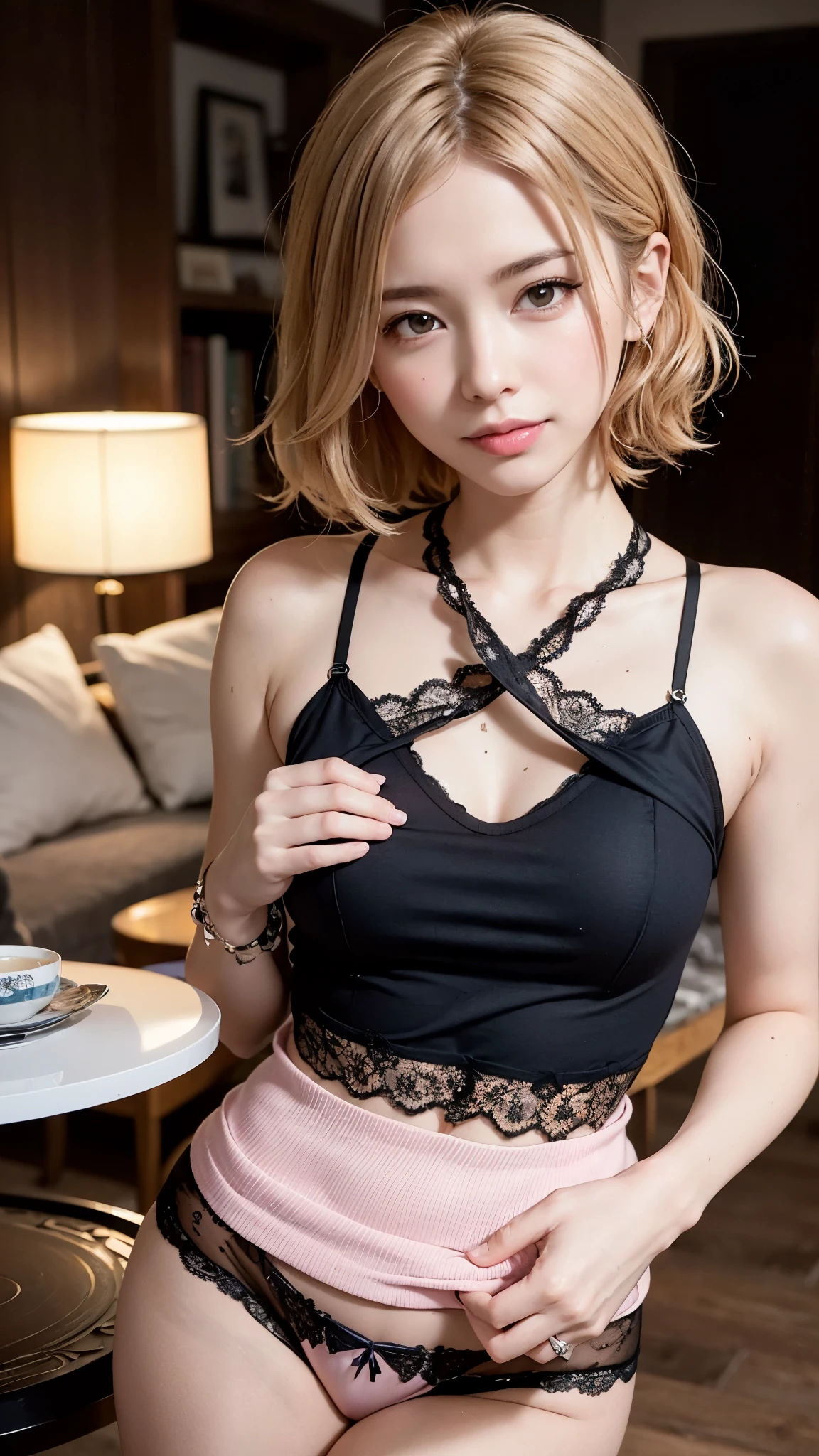 (A very cute 20 year old young woman from Japan), ((delicate hair between brown and blonde)), ((messy side wave short hair)),(((Slender and slender body type))),small breasts、 (((clean hands))),(curly hair),(((very kind smile))), (((she wears black lace panties))),(((she is wearing a pink knitted dress))) ((highest quality, 16k, table top: 1.3)), light shines on your face, highly detailed face, highly detailed lips, fine eyes,