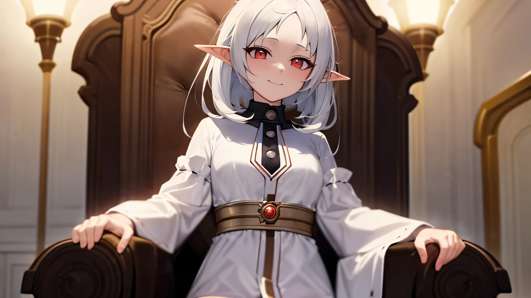 a cute character with a shy smile named Sylphie with elf-like ears and white short hair, the eyes are red colored with black pupils. She wears a crown as a royalty. The character is wearing a white long-sleeve shirt and a brown skirt, is sitted on the throne amidst a serene and beautifully illuminated throne room. Mushoku Tensei. anime style masterpiece.