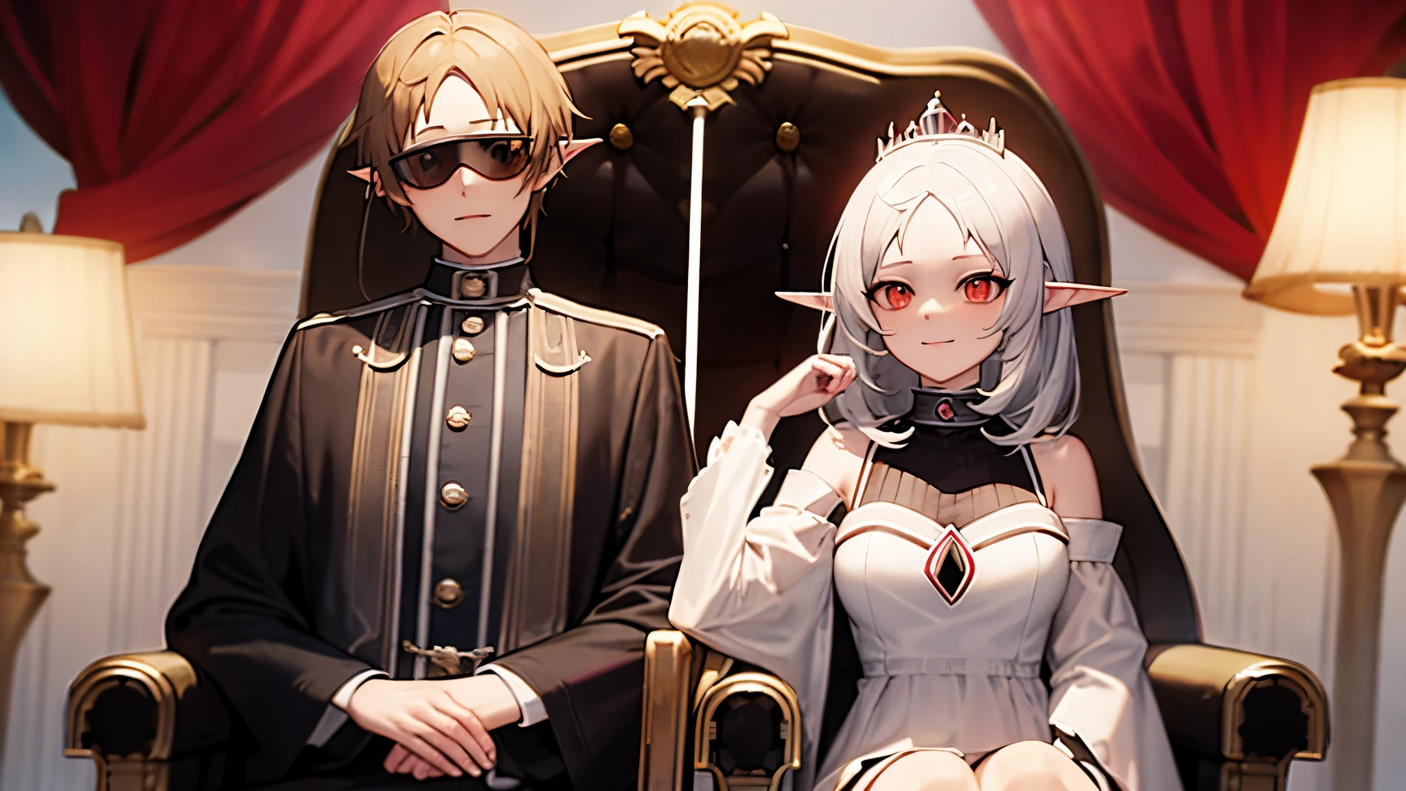 a cute character with a shy smile named Sylphie with elf-like ears and white short hair, the eyes are red colored with black pupils. She wears a crown as a royalty. The character is wearing a white long-sleeve shirt and a brown skirt, is sitted on the throne amidst a serene and beautifully illuminated throne room. Mushoku Tensei. anime style masterpiece.