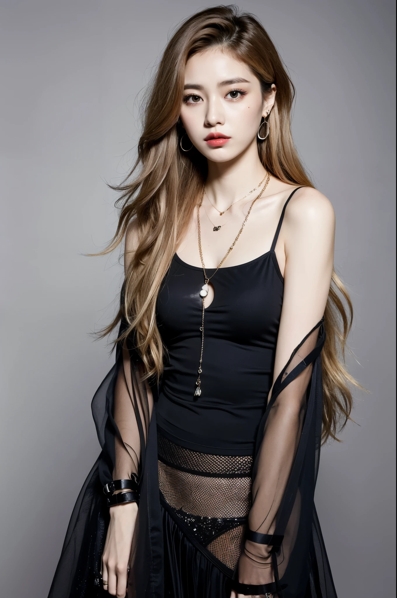 (8k:1.27), highest quality, masterpiece, ultra high resolution:1.2), 21-year-old Japan woman、goth delinquent girl、full body photo, hair dyed light brown, blonde hair with highlights, curly hair、4k or 8k picture, looks sad,earrings, goth fashion、necklace、bracelet、slim、slender、Body shape like a fashion model