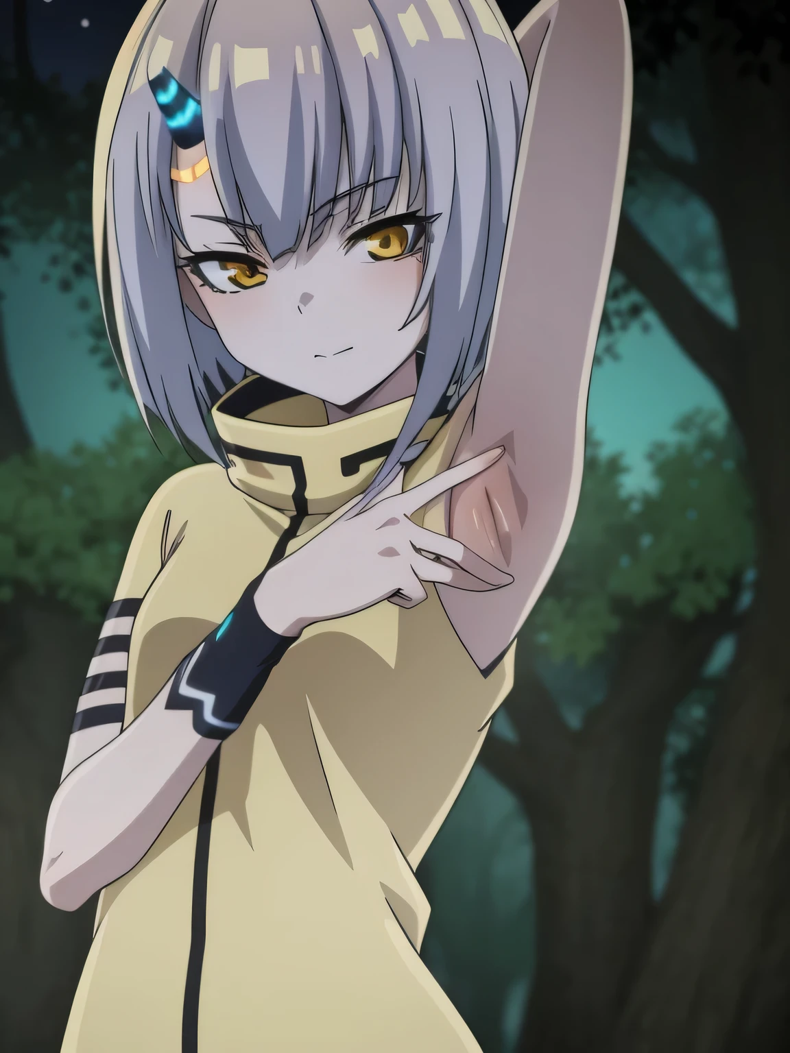 Atar anime, hdr, soft light, ((best quality)), ((masterpiece)), (detailed), 2D, anime, anime coloring, high quality, closed mouth, solo, upper body, night sky, forest, arms behind head, contrapposto, expressionless, spread armpits, small smile,