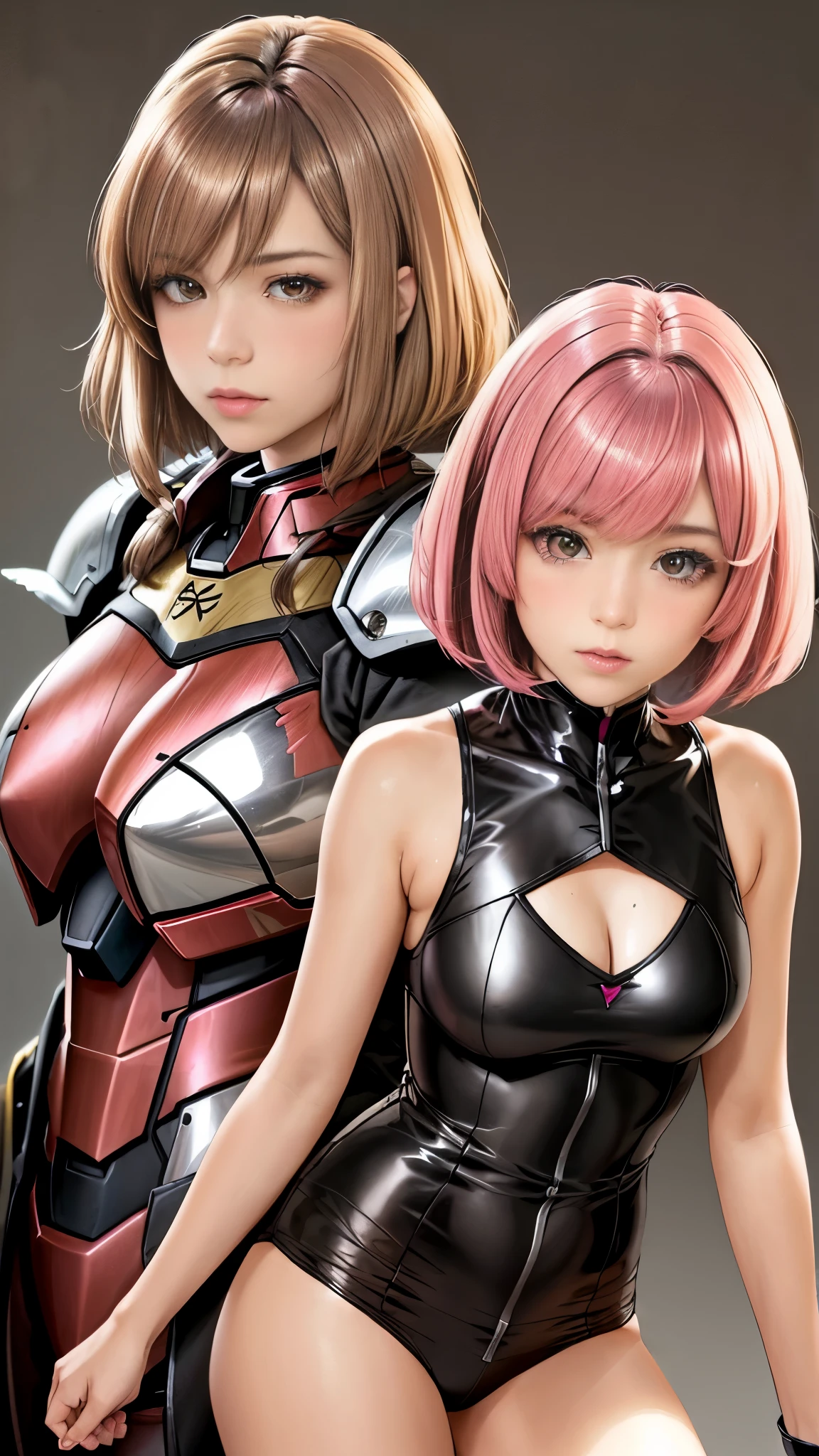 Photo of two realistic black Sazabi girls，Shortcut Bob Cut，I have a lot of hair，brown eyes，Hair color is bright pink，cool look，background is gray，16 year old daughter of Haman Khan and Char Aznable.