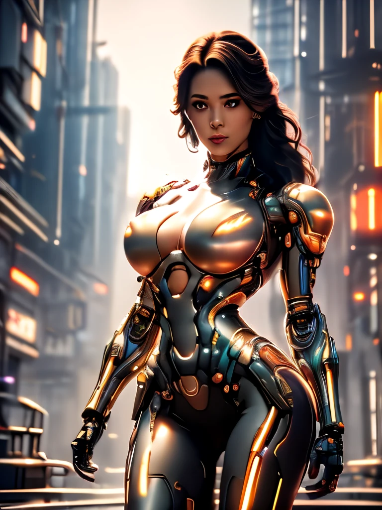 Witness the unparalleled beauty of a top quality, 8k masterpiece with a resolution of 1.3, ultra-high definition. Marvel at the crisp details and stunning realism of this high definition, high quality image,  Dystopian, [sci-fi], High Detail RAW color Photo, Full Shot, of (cute female arterial intelligence), gorgeous woman with wavy hair detailed alluring eyes, A provocatively posed figure, with an alluring expression, invites you to explore the sensuality of her body. Her beautiful, naked form is spread out in a full body pose, revealing ample curves and sensual nipples, Trending on ArtStation, this image captures the essence of seduction, Thigh gap long sexy legs, outdoors, standing, on overlook, looking out at sprawling cyberpunk city), toned physique,(pale skin), perfect face, seductive look, (cybernetic implants:1.2), (augmentations), (cyborg:1.1), (detailed skin, diffused skin pores), silicone, metal, (highly detailed, fine details, intricate), (lens flare:0.5), (bloom:0.5), smog, dust, (badlands:0.8), (observitory:0.7), raytracing, specular lighting, shallow depth of field, smooth, cinematic film still, [Cyberpunk:Orwelian:12], in beautiful futuristic cyberpunk+ city, mist, wet, raining, best quality masterpiece, photorealistic, detailed, 8k, HDR, shallow depth of field, broad light, high contrast, backlighting, bloom, light sparkles, chromatic aberration, sharp focus, RAW color photo,