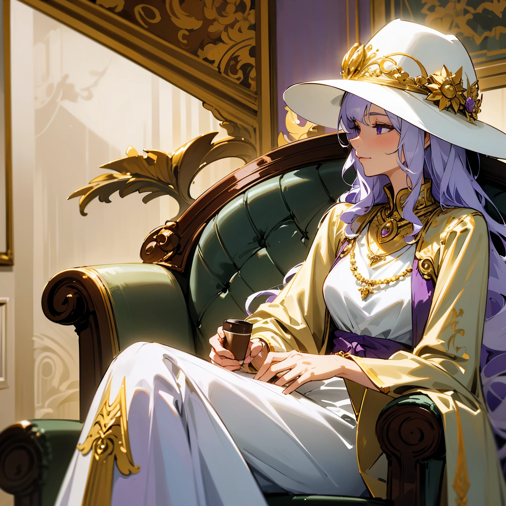 an old woman,white hair,long hair,curls,Wearing a purple dress,Dressed lavishly,A gold necklace is worn around his neck,Wear a sun hat,Sitting in a luxurious hotel lobby,Face to the left,drinking coffee。illustration style,Marker sketch style,Sketch portraits of people,high-definition,4k。