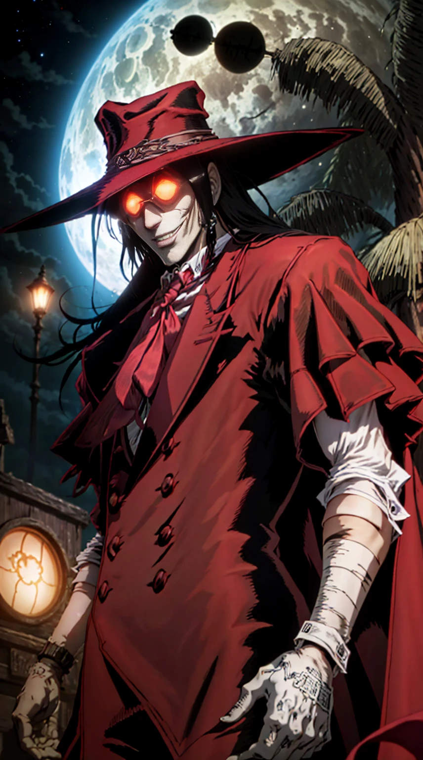 Hellsing, personagem Alucard, (man) Standing character, sobretudo vermelho, olhos vermelhos, paisagem de noite, lua vermelha de fundo, black hair