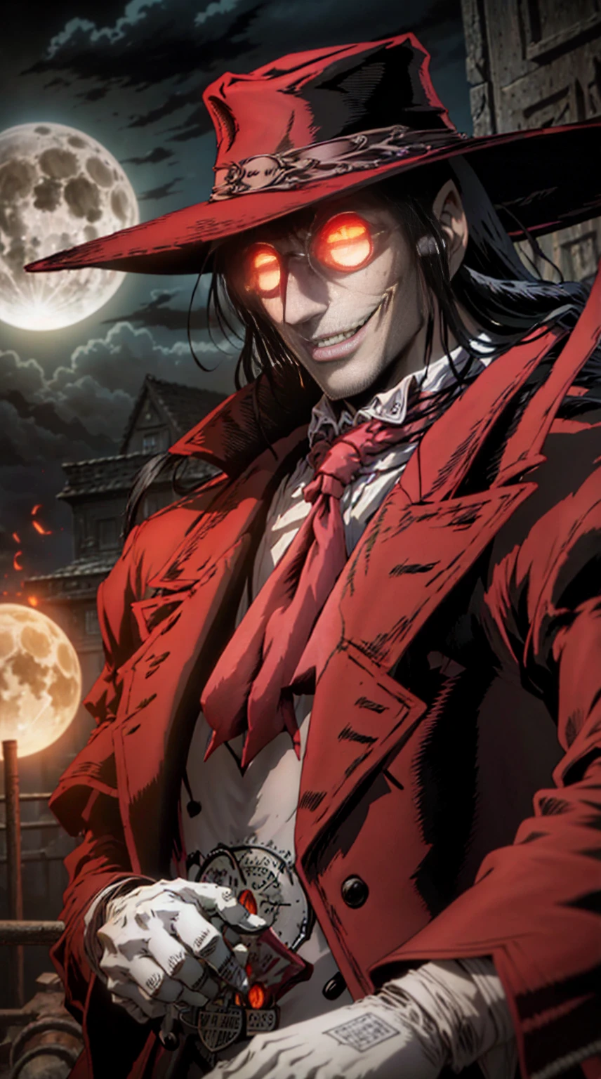 Hellsing, personagem Alucard, (man) Standing character,  sobretudo vermelho, olhos vermelhos, paisagem de noite, lua vermelha de fundo, black hair