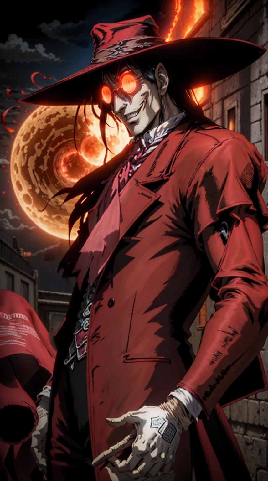 Hellsing, personagem Alucard, (man) Standing character,  sobretudo vermelho, olhos vermelhos, paisagem de noite, lua vermelha de fundo, black hair