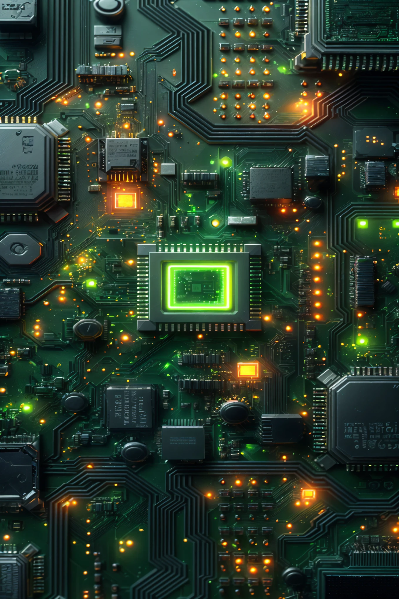 a close up of a computer motherboard with a green light on it, 4k highly detailed digital art, circuit boards))))), 4k detailed digital art, circuit board, circuit boards, circuit board processor, 3d digital art 4k, background of digital greebles, motherboard circuitry, computer wallpaper, digital artwork 4 k 