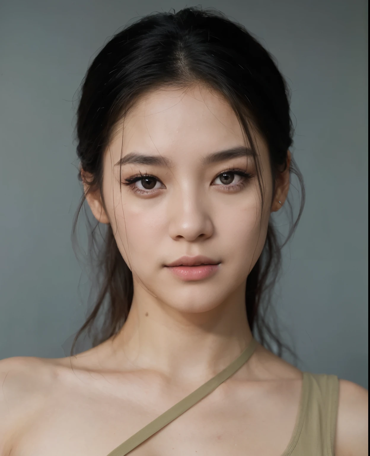 Un primer plano de una mujer con pelo largo y negro, Karina de aespa, Retrato de Yoon Jimin de Aespa, Karina de Aespa, Yoon Jimin de Aespa, maquillaje popular de corea, Wonyoung de IVE, Retrato de Karina, tono de piel rosita pastel, Karina de Aespa, maquillaje popular de corea.