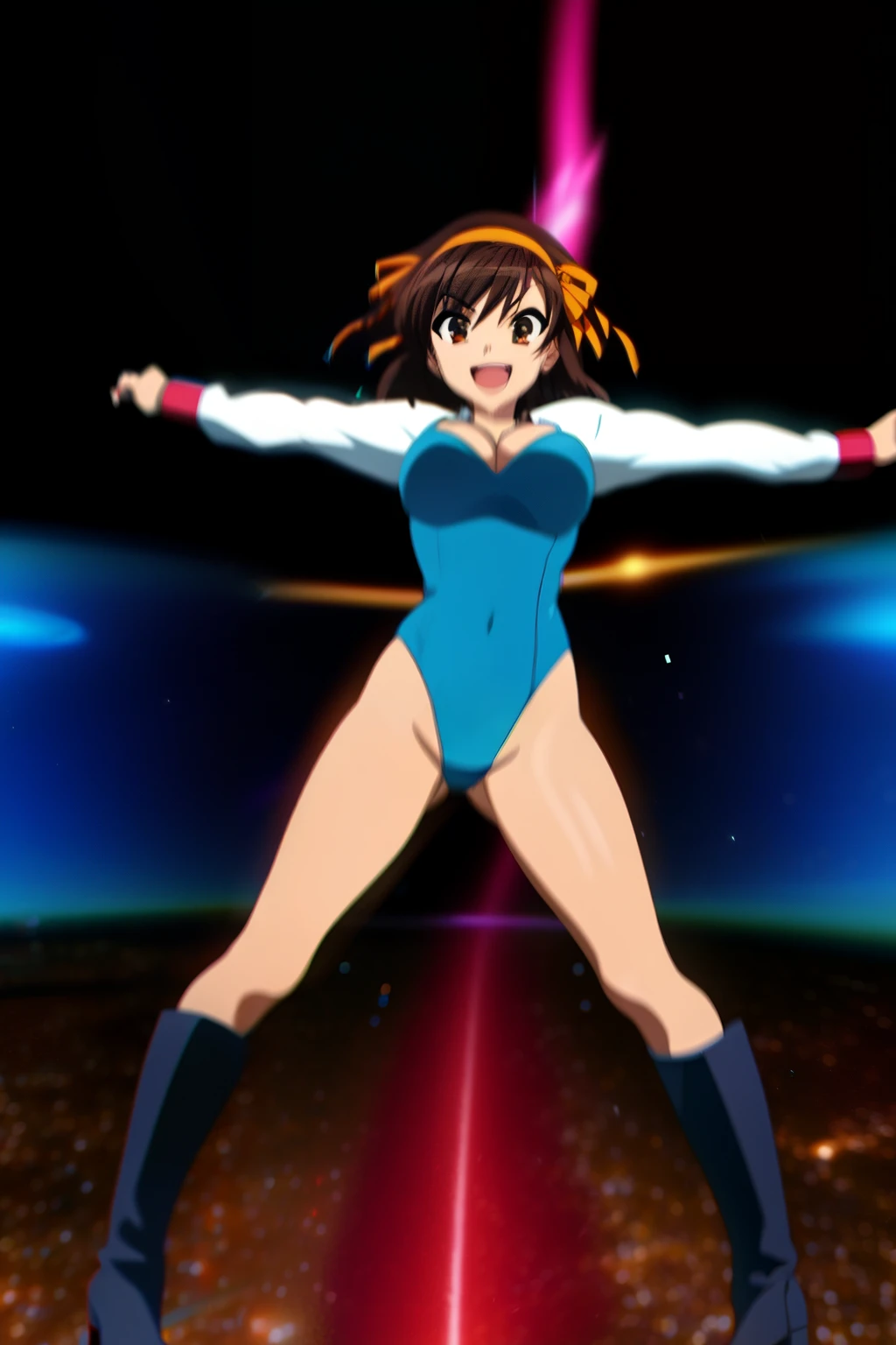 1girl, medium breasts, leotard, blue leotard with red accents, tight belt, bare legs, boots, matching boots, bracelets, city backdrop, solo, single, standing, full body shot, cowboy shot, beautiful detailed eyes, haruhi, looking_at_viewer, smile, short_hair, open_mouth, bangs, brown_hair, ribbon, cleavage, brown_eyes, hair_ribbon, :d, hairband, medium_hair, v-shaped_eyebrows, orange_hairband, spread arms, spinning, spins fast in place like a tornado, twirling in place, tornado spinning, rapid gyration, space backdrop, motion blur, speed lines, tornado, time warp