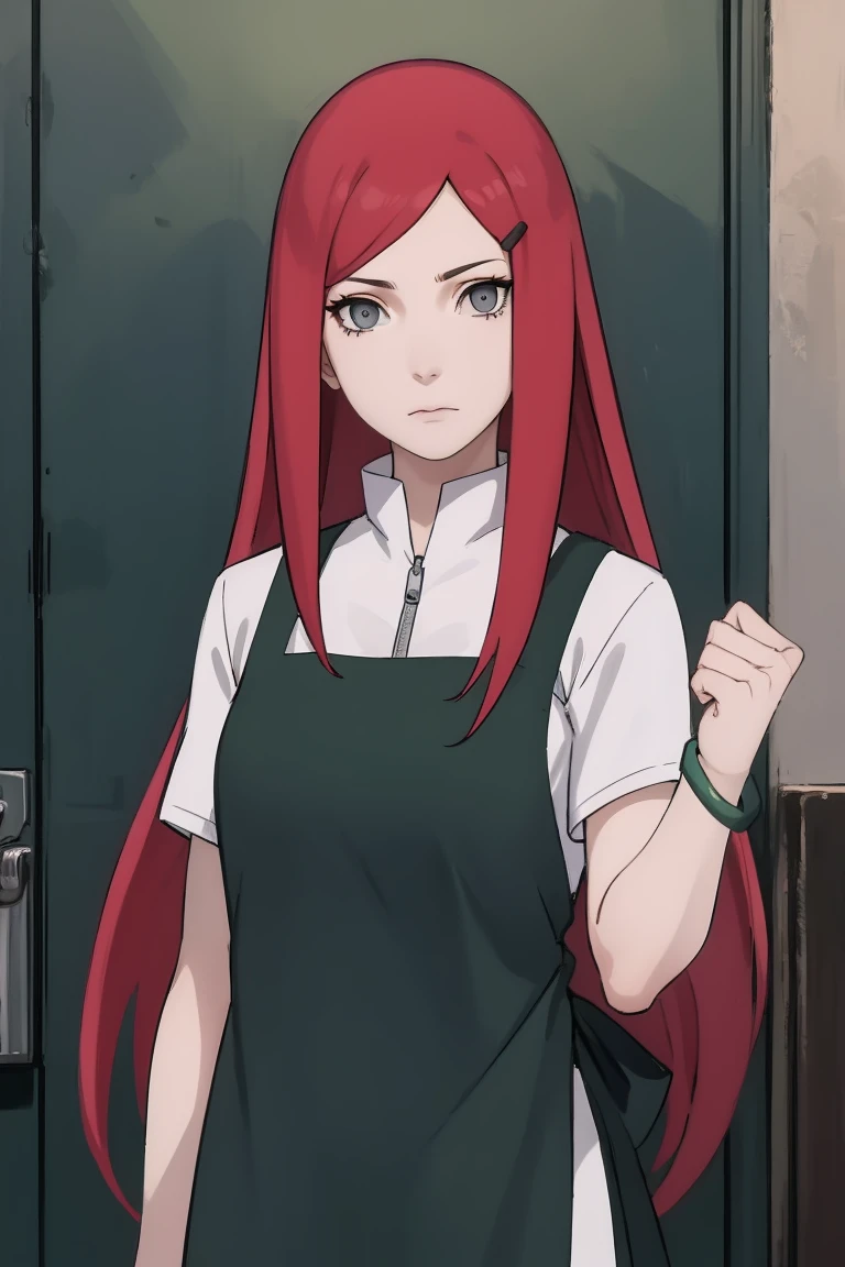 {-erro_de_anatomia:1.0} kushina, kushina, long hair, hair ornament, red hair, red head, hairclip, (grey eyes:1.5), BREAK shirt, dress, jewelry, white shirt, short sleeves, apron, bracelet, green apron, collar, BREAK looking at viewer, upper body, full body, cowboy shot, BREAK indoors, BREAK (masterpiece:1.2), best quality, high resolution, unity 8k wallpaper, (illustration:0.8), (beautiful detailed eyes:1.6), extremely detailed face, perfect lighting, extremely detailed CG, (perfect hands, perfect anatomy), fighting pose, clenched hands, closed hands, contracted fingers, arm stretched out, raised fist, about to punch, detailed fist, focus fist,