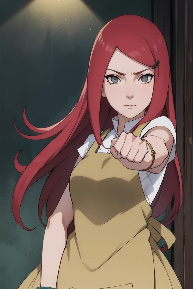 {-erro_de_anatomia:1.0} kushina, kushina, long hair, hair ornament, red hair, red head, hairclip, (grey eyes:1.5), BREAK shirt, dress, jewelry, white shirt, short sleeves, apron, bracelet, green apron, collar, BREAK looking at viewer, upper body, full body, cowboy shot, BREAK indoors, BREAK (masterpiece:1.2), best quality, high resolution, unity 8k wallpaper, (illustration:0.8), (beautiful detailed eyes:1.6), extremely detailed face, perfect lighting, extremely detailed CG, (perfect hands, perfect anatomy), fighting pose, clenched hands, closed hands, contracted fingers, arm stretched out, raised fist, about to punch, detailed fist,  focus fist,
