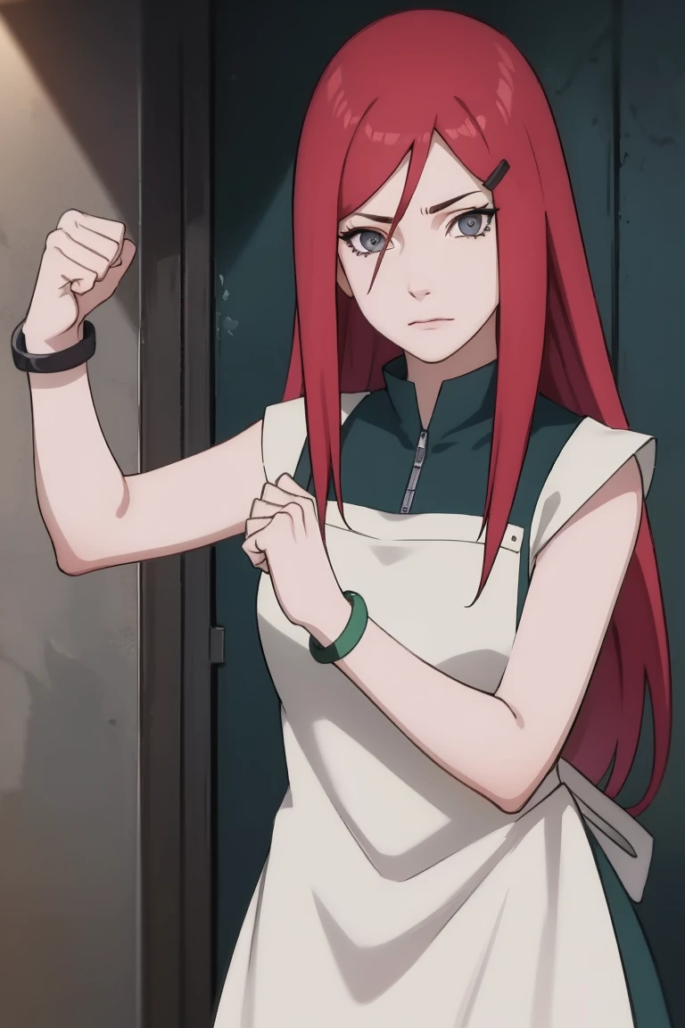 {-erro_de_anatomia:1.0} kushina, kushina, long hair, hair ornament, red hair, red head, hairclip, (grey eyes:1.5), BREAK shirt, dress, jewelry, white shirt, short sleeves, apron, bracelet, green apron, collar, BREAK looking at viewer, upper body, full body, cowboy shot, BREAK indoors, BREAK (masterpiece:1.2), best quality, high resolution, unity 8k wallpaper, (illustration:0.8), (beautiful detailed eyes:1.6), extremely detailed face, perfect lighting, extremely detailed CG, (perfect hands, perfect anatomy), fighting pose, clenched hands, closed hands, contracted fingers, arm stretched out, raised fist, about to punch, detailed fist,  focus fist,
