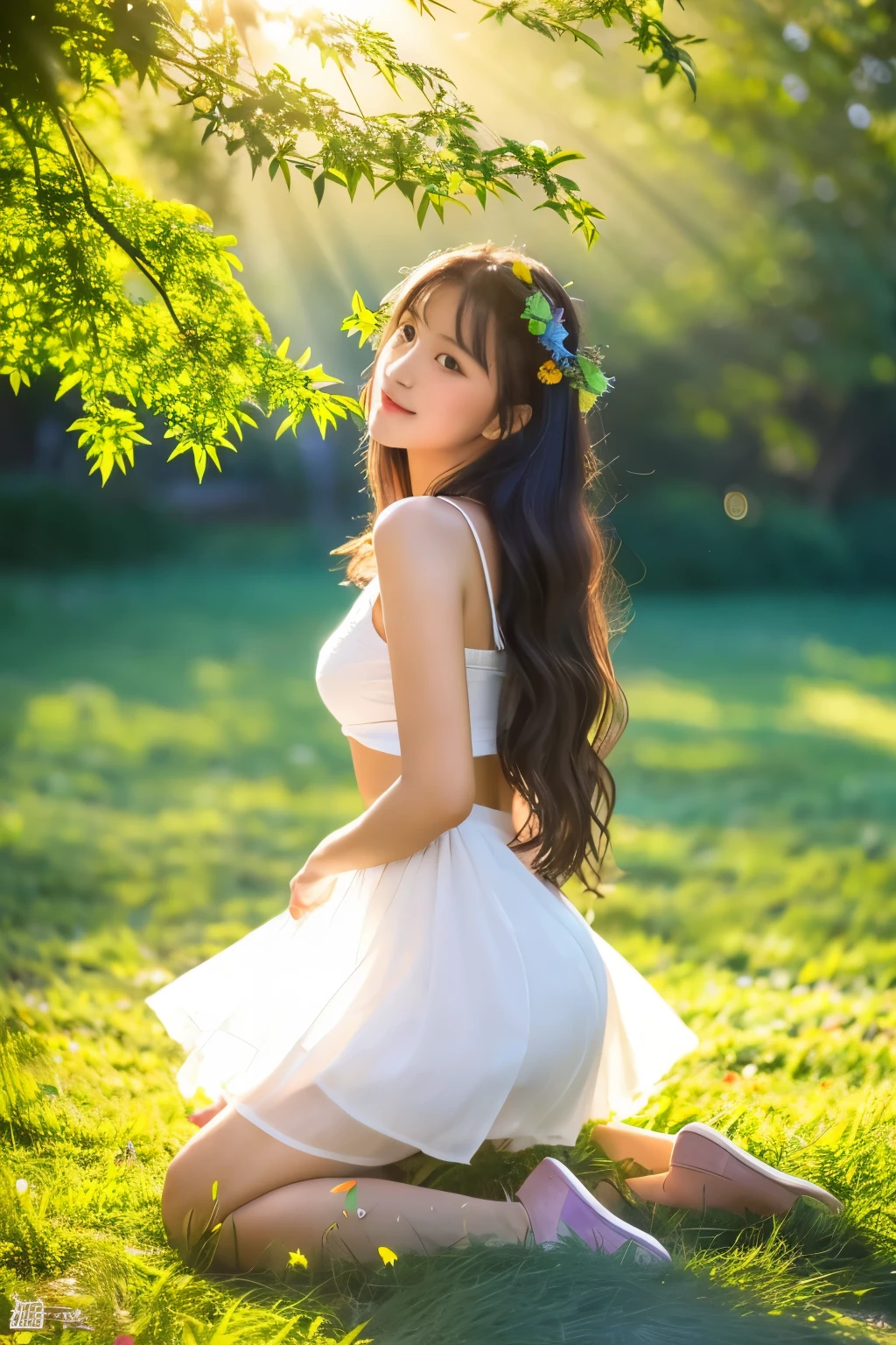 ,masterpiece, best quality,8k, ultra highres,Reallightandshadow,Cinema lenses,(beautidful eyes:1.1), ((中景 the scene is,The upper part of the body)),dynamicposes,On a green meadow,A gentle goddess came with a gentle step。She wore a white dress,A gentle breeze blows,The skirt dances lightly。The sun shines through the leaves on her hair,Reflecting her clear eyes and gentle smile。Colorful butterflies flew around her,Flowers bloomed at her feet,It was as if nature was cheering for her。