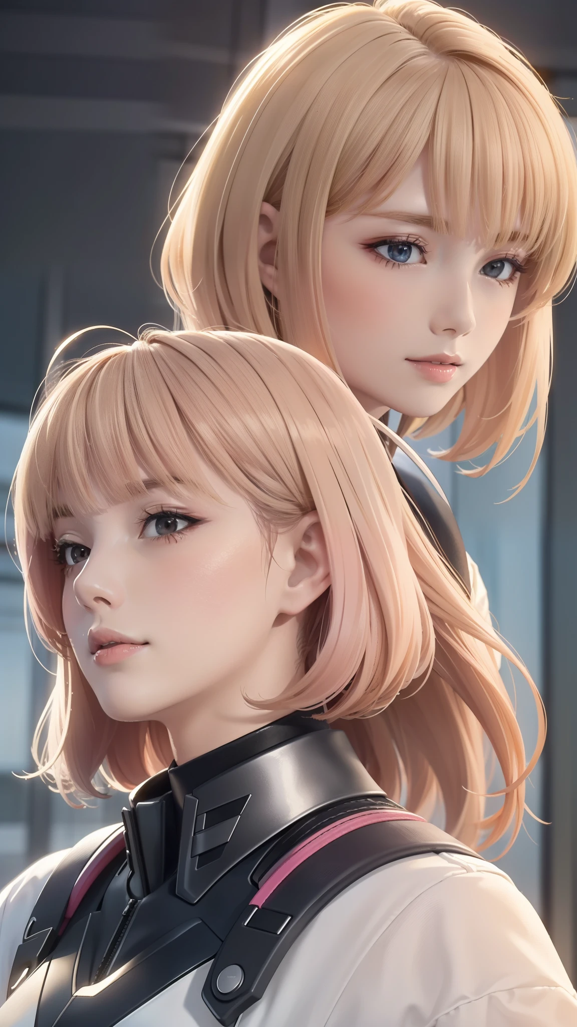 Close-up of two women with pink hair and black jackets, anime realism style, unreal 5. RPG portrait, cgsociety portrait, realistic art style, Smooth anime CG art, Photorealistic anime girl rendering, Realistic anime 3d style, loss draw 1. 0, realistic 3d animation, art germ ; 3d unreal engine, realistic anime art style，The background is space，