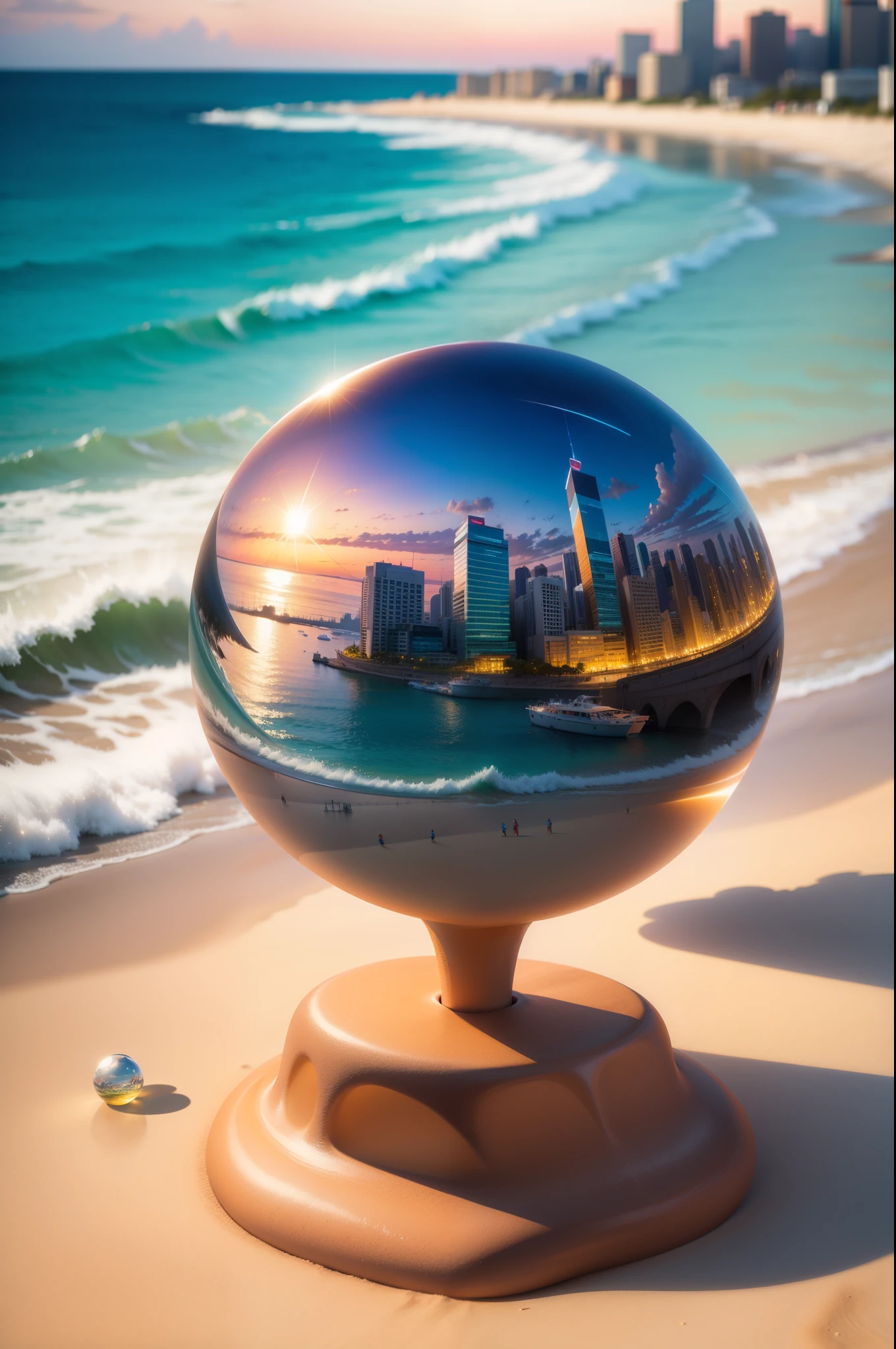 mini\(ttp\), (8k, RAW photo, best quality, masterpiece:1.2), colorful background, clean background, depth of field,Tyndall Effect, city, high building, miniature, landscape, isometric,in Crystal ball, 16:9, beach, waves