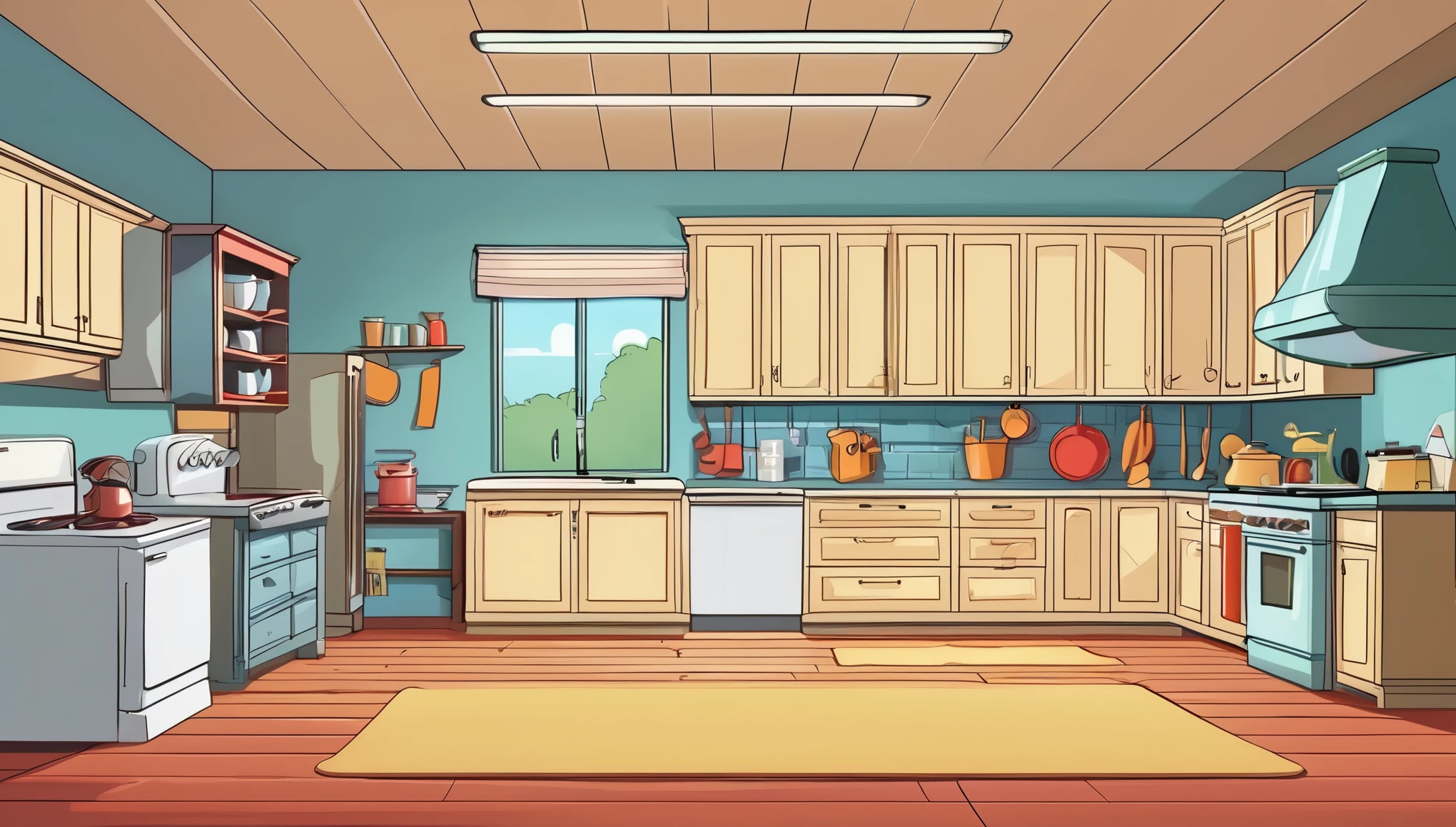 A cartoon empty Kitchen, THE FAMILY GUY style, minimalist, best quality