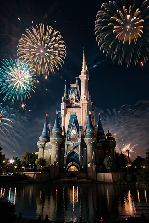 (Tyndall Effect) Disney Land with fireworks at night