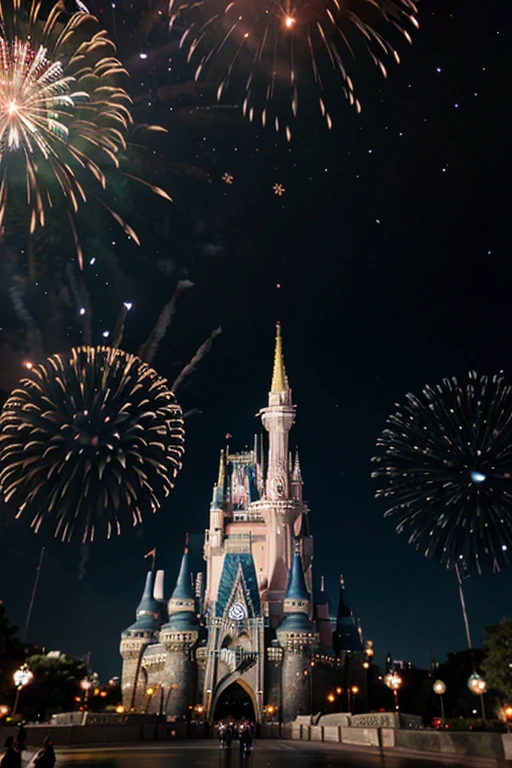 (Tyndall Effect) Disney Land with fireworks at night