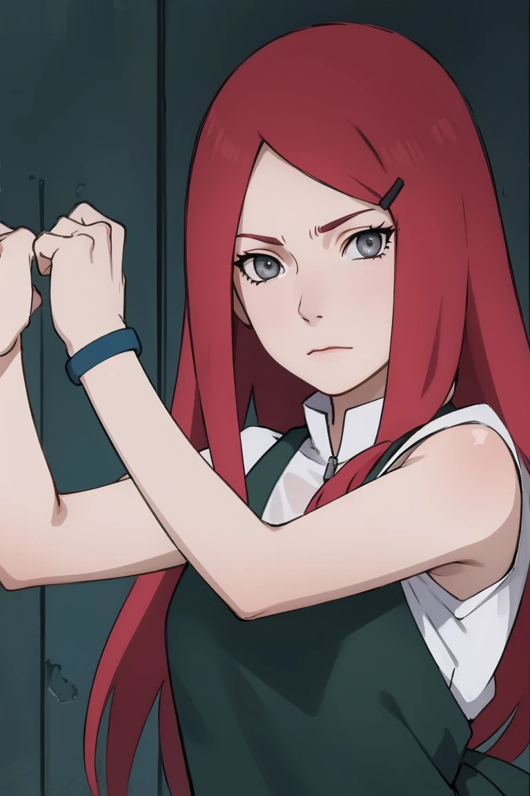 {-erro_de_anatomia:1.0} kushina, kushina, long hair, hair ornament, red hair, red head, hairclip, (grey eyes:1.5), BREAK shirt, dress, jewelry, white shirt, short sleeves, apron, bracelet, green apron, collar, BREAK looking at viewer, upper body, full body, cowboy shot, BREAK indoors, BREAK (masterpiece:1.2), best quality, high resolution, unity 8k wallpaper, (illustration:0.8), (beautiful detailed eyes:1.6), extremely detailed face, perfect lighting, extremely detailed CG, (perfect hands, perfect anatomy), fighting pose, clenched hands, closed hands, contracted fingers, arm stretched out, raised fist, about to punch, detailed fist,  focus fist,
