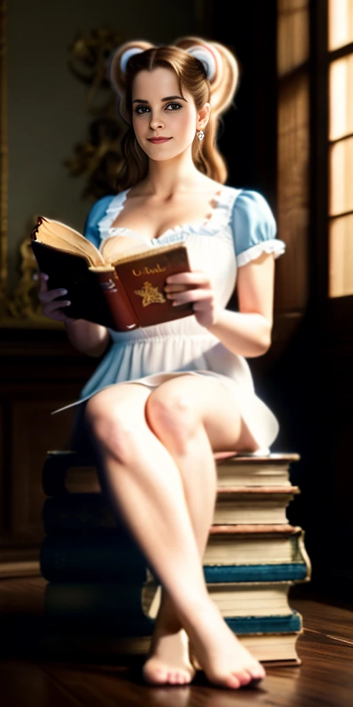 (RAW photo, Best quality), (Realistic, photo-realistic:1.3), Best quality, Highly detailed, Masterpiece, Ultra-detailed professional photo of BestEmmaW playing Belle from Beauty and the Beast sitting on a stack of books reading a book, Chip the teacup is at her feet looking up at her, comic pinup style, pinup art, beautiful adult book fairy, world masterpiece theater, Messy Long Pigtails, ,Best quality, Extremely detailed Cg Unity 8K wallpaper, Amazing, Cinematic lighting, lens_flare