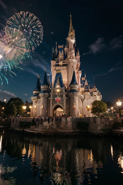 (best quality,4k,8k,highres,masterpiece:1.2),ultra-detailed,(realistic,photorealistic,photo-realistic:1.37),Disney Land at night,sparkling and colorful fireworks in the sky,beautifully illuminated castle in the center,a magical atmosphere all around,joyful atmosphere,people wearing Mickey Mouse ears,giant Ferris wheel spinning slowly,children laughing and running around,delicious aroma of popcorn and cotton candy,lively music playing in the background,impressive reflection of fireworks on the water,fairy tale characters walking and interacting with visitors,enchanting light projections on buildings,dazzling light show on the castle walls,vivid colors and stunning visual effects,thrilling roller coasters and rides,glowing neon signs and signage,night sky filled with twinkling stars and moon,cheerful and excited crowd,enchanting blend of fantasy and reality,brilliantly lit trees and gardens,impeccable attention to detail in every corner,a magical experience that fills hearts with joy and wonder.