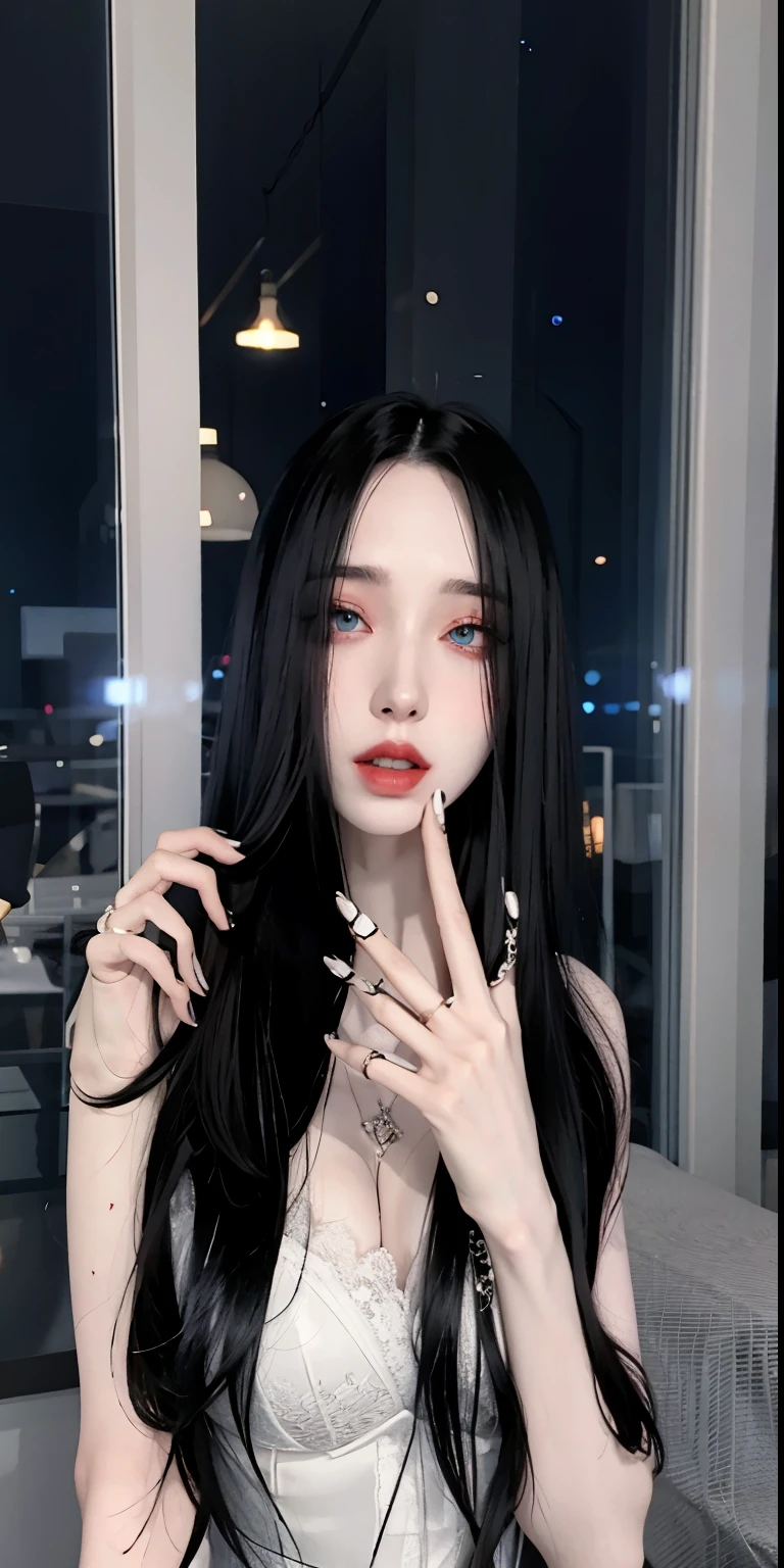 Asian Araffe woman with long black hair and a white dress, cruel korean gothic girl, (12x) extremely pale white skin, pale porcelain white skin, con pelo largo y ojos penetrantes, ulzzang, retrato de jossi de blackpink, pale gothic beauty, maquillaje popular de corea del sur, pale milky white porcelain skin, extremely pale white skin