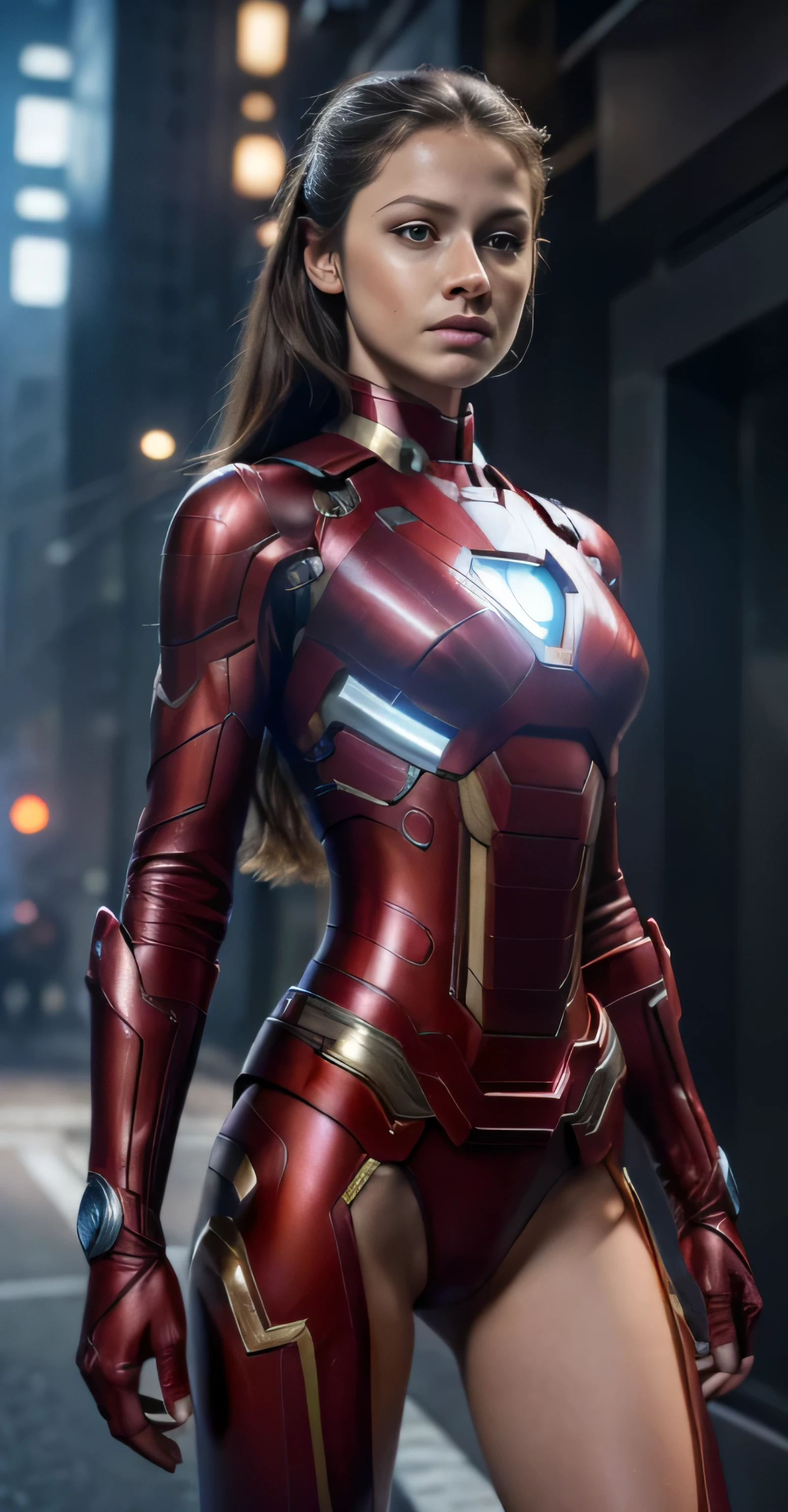 ((masterpiece, 8K, 3D, Realistic, Super Detail)), (1girl:1.3), slender 17 age, Ultra Micro photography, Super realistic, Perfect face, Beautiful features, ((Perfect female body)) Beautiful features, ( body), ((small hip)), Melissa Benoist as Ironman Armor ((Exposed thigh)), Exposed Skin, Front Full body Shot, full body portrait, futuristic city background