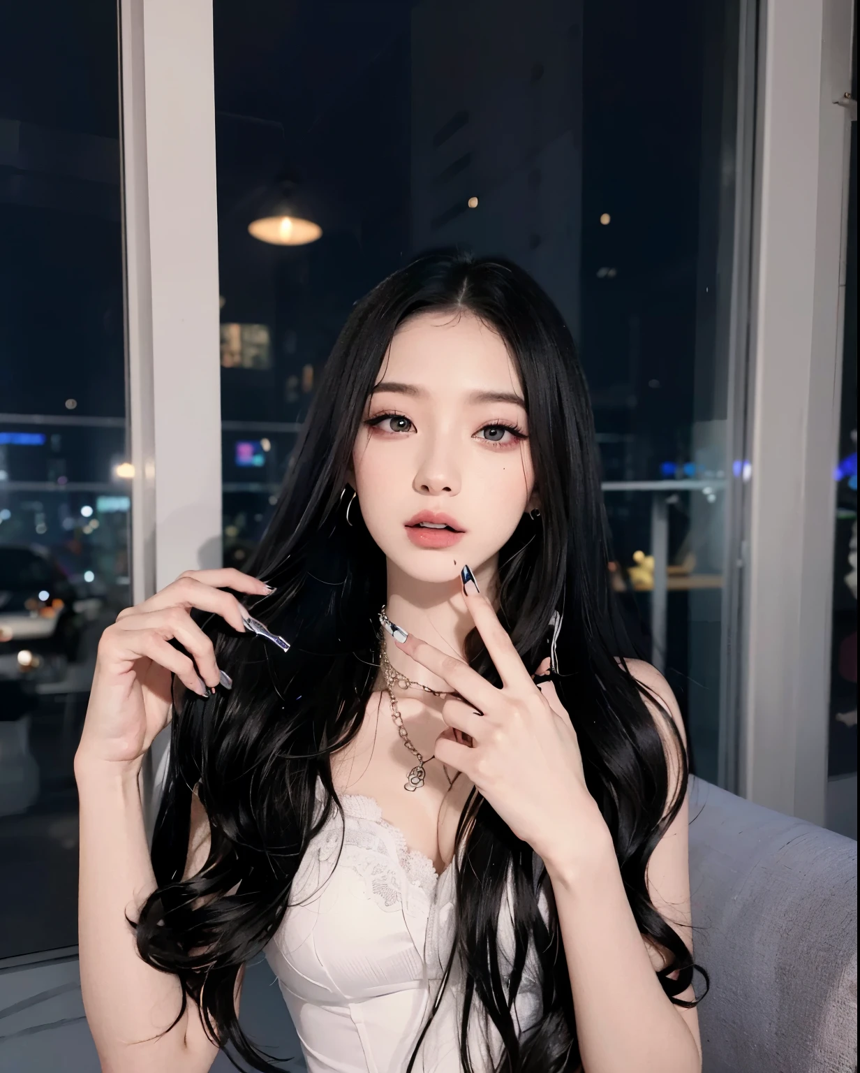 Asian Araffe woman with long black hair and a white dress, cruel korean gothic girl, (12x) extremely pale white skin, pale porcelain white skin, con pelo largo y ojos penetrantes, ulzzang, retrato de jossi de blackpink, pale gothic beauty, maquillaje popular de corea del sur, pale milky white porcelain skin, extremely pale white skin