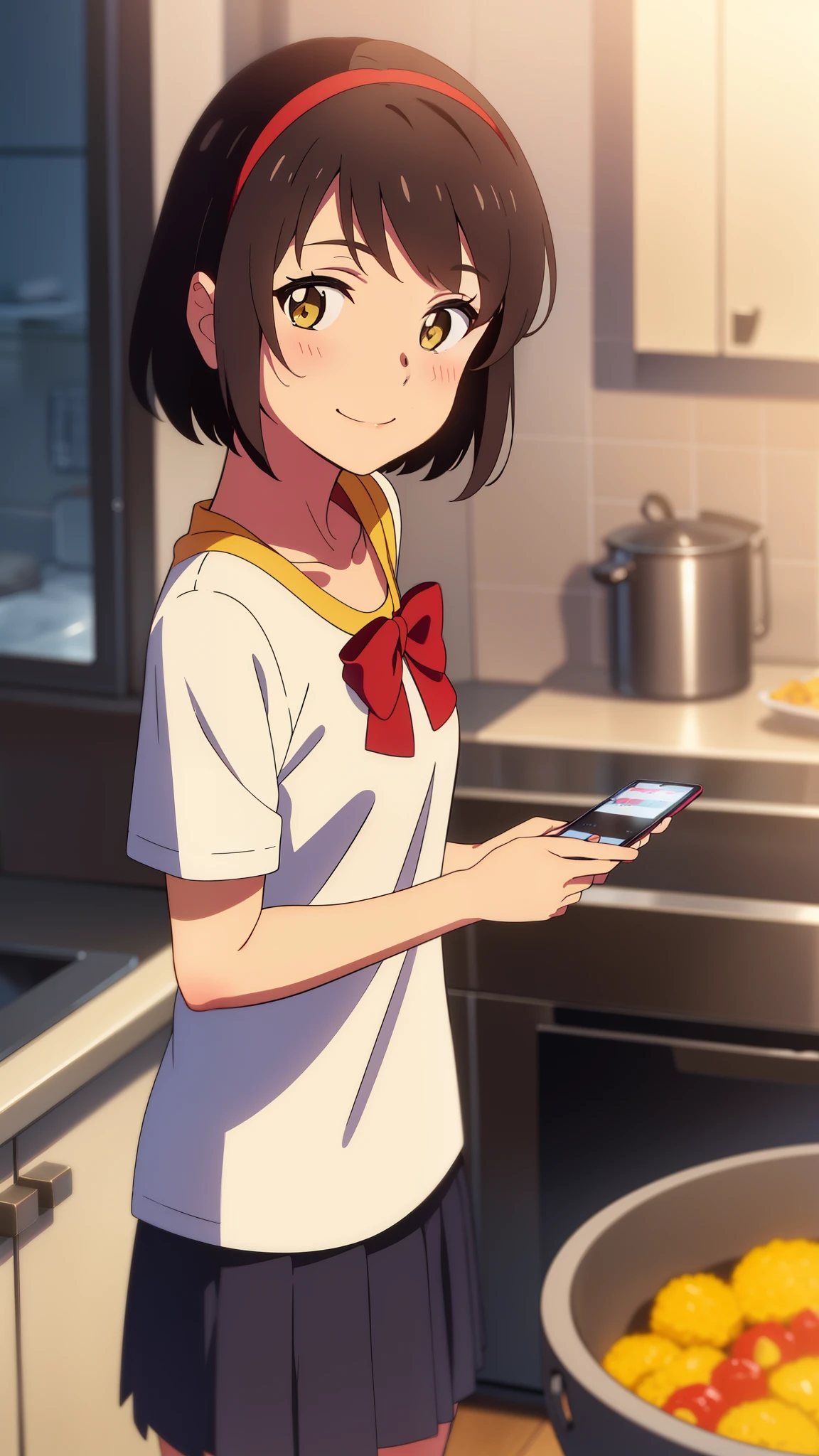 shinkai makoto, kimi no na wa., 1girl, bangs, black hair, blush, bright eyes, brown eyes, red headband, red bow, red ribbon, short hair, smile, cute, beautiful, shiny skin, looking at the viewer, solo, happy, collarbone, yellow shirt, short sleeves, skirt, pleated skirt, kitchen room, kitchen, foods, iphone, hold the cell phone