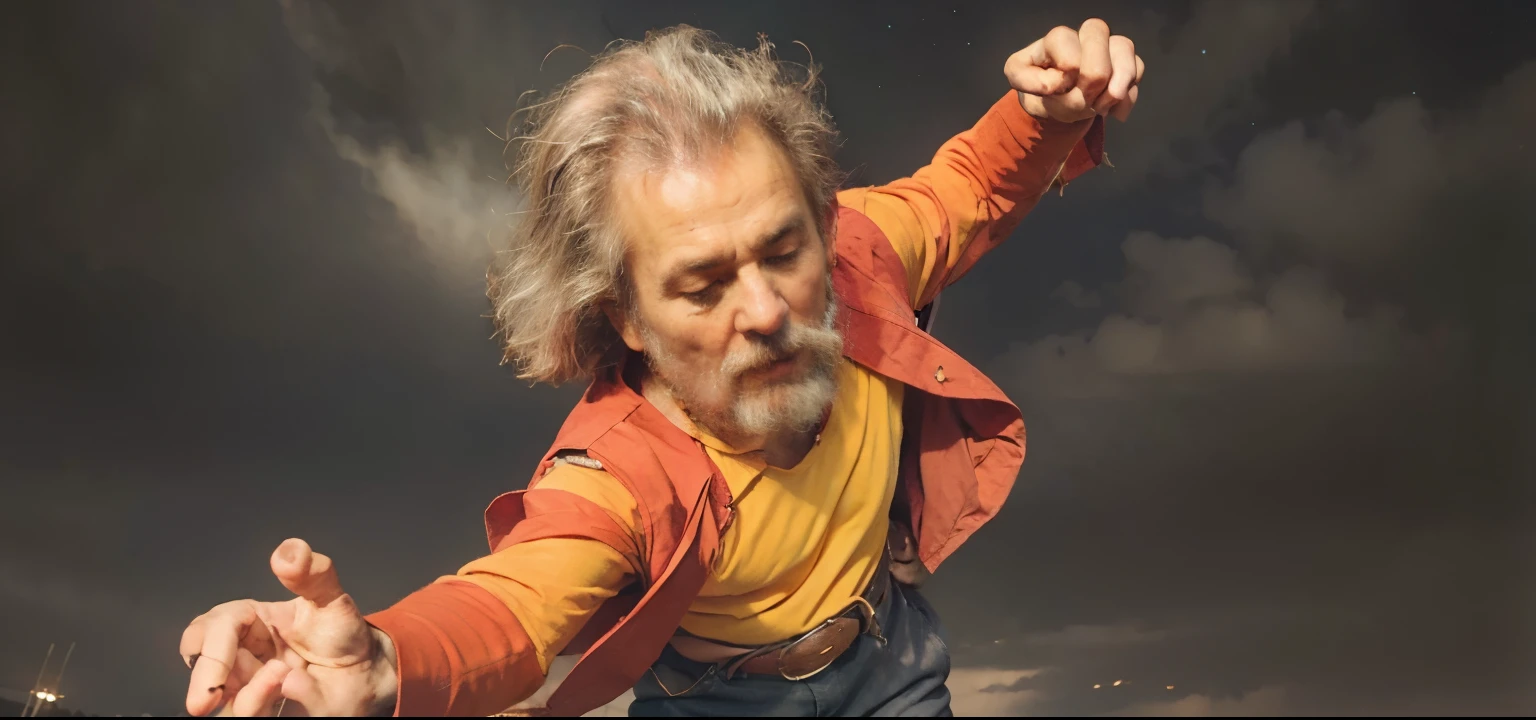 A old man, a tall very old male mage, short spiky gray hair, wearing red cape, yellow shirt and dark blue pants, with his arms opened, eyes closed, looking at the sky, third person upper camera perspective, face perspective, night ambience