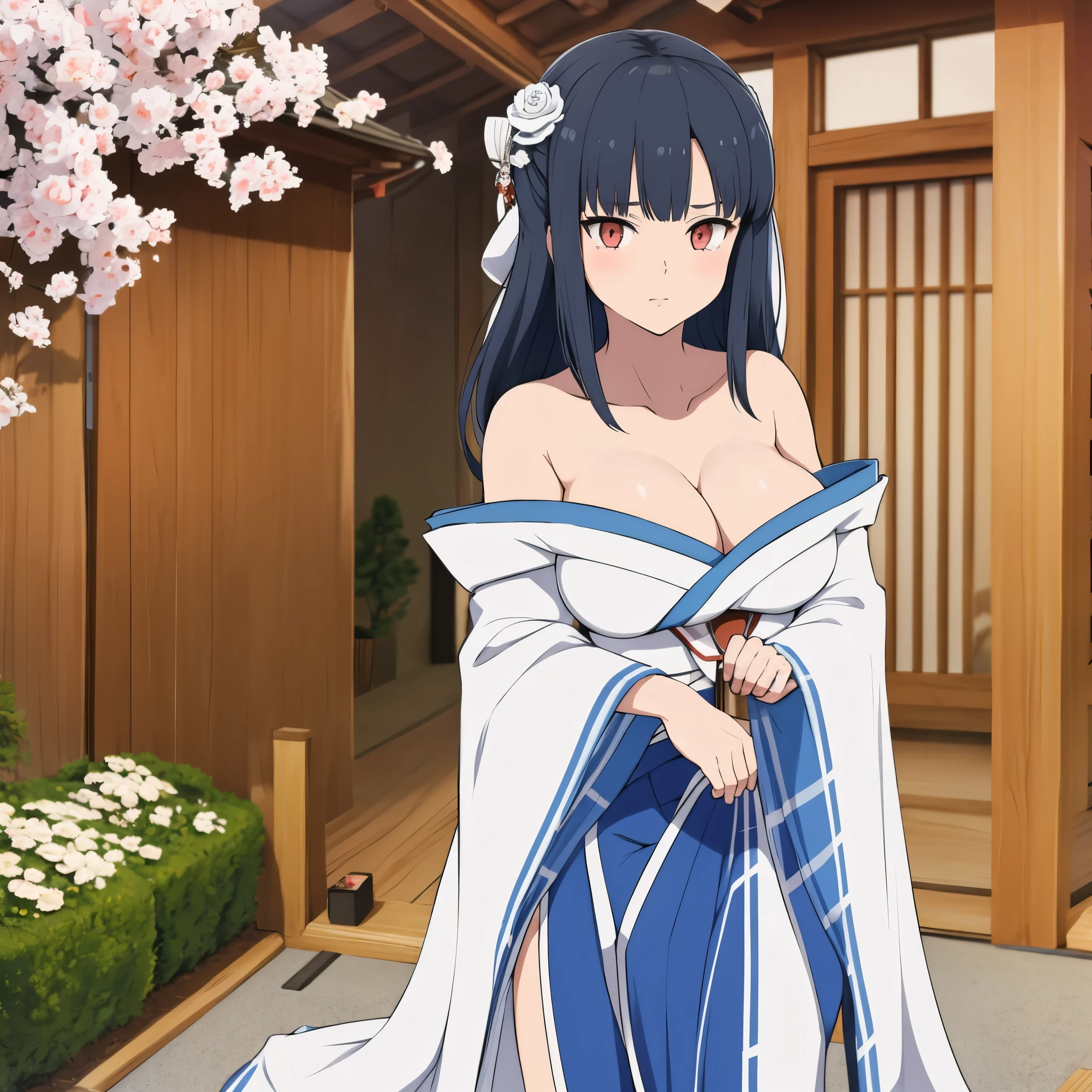 a girl with black hair, red eyes, wearing blue kimono, holding a fan, with ice power, outside a Japanese house.
