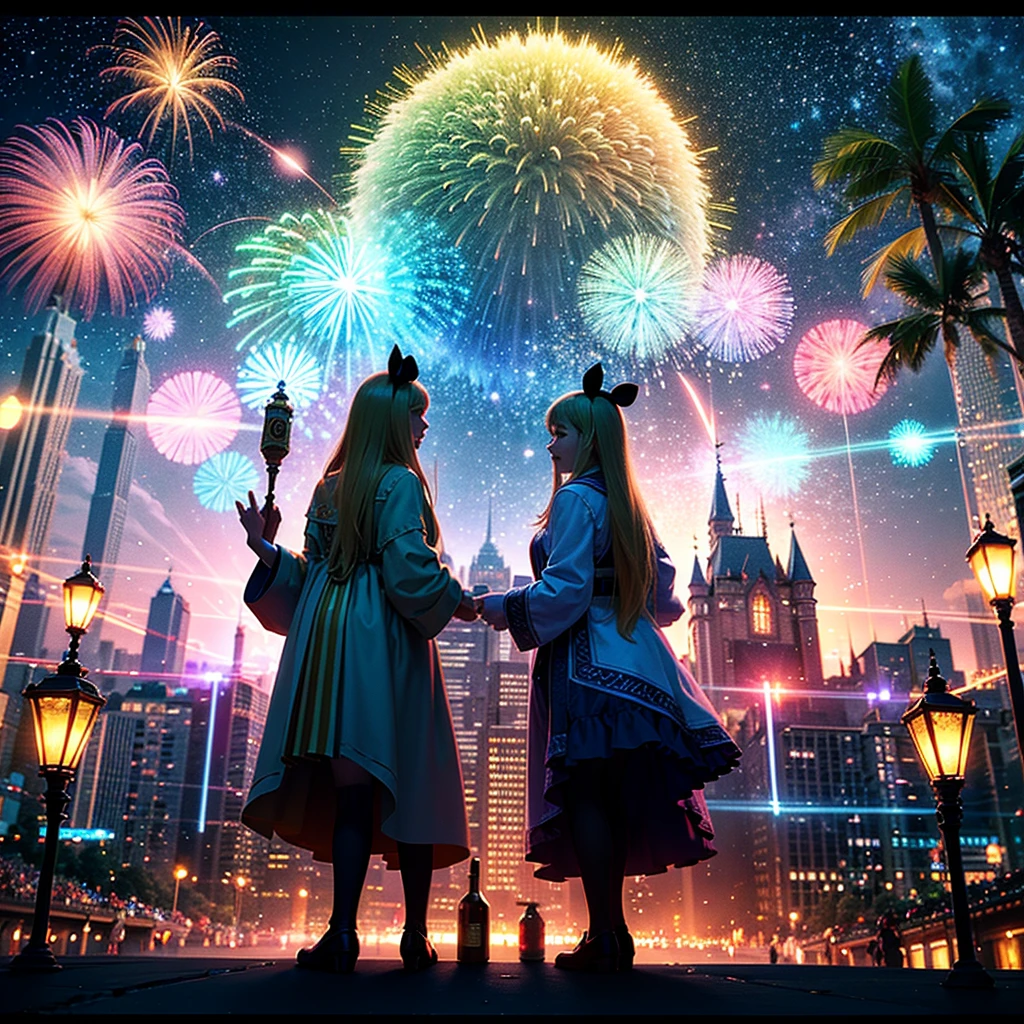 (best quality,4k,8k,highres,masterpiece:1.2),ultra-detailed,(realistic,photorealistic,photo-realistic:1.37),Disney Land at night,sparkling and colorful fireworks in the sky,beautifully illuminated castle in the center,a magical atmosphere all around,joyful atmosphere,people wearing Mickey Mouse ears,giant Ferris wheel spinning slowly,children laughing and running around,delicious aroma of popcorn and cotton candy,lively music playing in the background,impressive reflection of fireworks on the water,fairy tale characters walking and interacting with visitors,enchanting light projections on buildings,dazzling light show on the castle walls,vivid colors and stunning visual effects,thrilling roller coasters and rides,glowing neon signs and signage,night sky filled with twinkling stars and moon,cheerful and excited crowd,enchanting blend of fantasy and reality,brilliantly lit trees and gardens,impeccable attention to detail in every corner,a magical experience that fills hearts with joy and wonder.