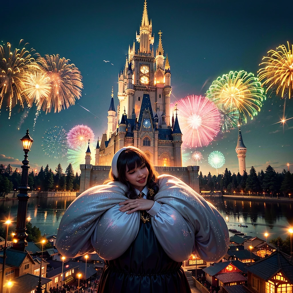 (Tyndall Effect) Disney Land with fireworks at night