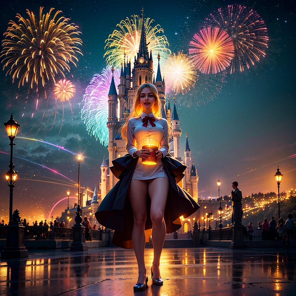 (best quality,4k,8k,highres,masterpiece:1.2),ultra-detailed,(realistic,photorealistic,photo-realistic:1.37),Disney Land at night,sparkling and colorful fireworks in the sky,beautifully illuminated castle in the center,a magical atmosphere all around,joyful atmosphere,people wearing Mickey Mouse ears,giant Ferris wheel spinning slowly,children laughing and running around,delicious aroma of popcorn and cotton candy,lively music playing in the background,impressive reflection of fireworks on the water,fairy tale characters walking and interacting with visitors,enchanting light projections on buildings,dazzling light show on the castle walls,vivid colors and stunning visual effects,thrilling roller coasters and rides,glowing neon signs and signage,night sky filled with twinkling stars and moon,cheerful and excited crowd,enchanting blend of fantasy and reality,brilliantly lit trees and gardens,impeccable attention to detail in every corner,a magical experience that fills hearts with joy and wonder.